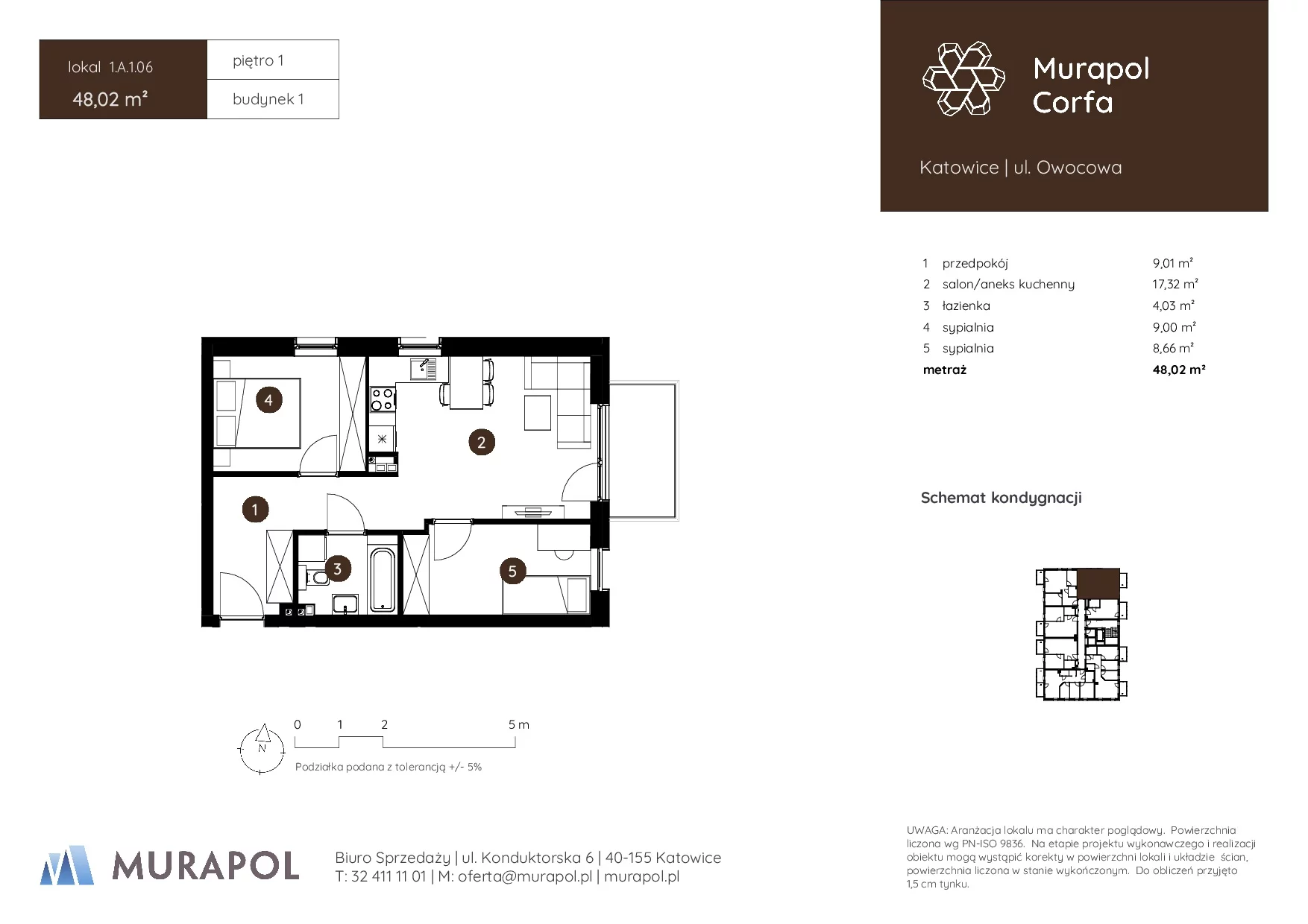 3 pokoje, mieszkanie 48,02 m², piętro 1, oferta nr 1.A.1.06, Murapol Corfa, Katowice, Wełnowiec-Józefowiec, Wełnowiec, ul. Owocowa