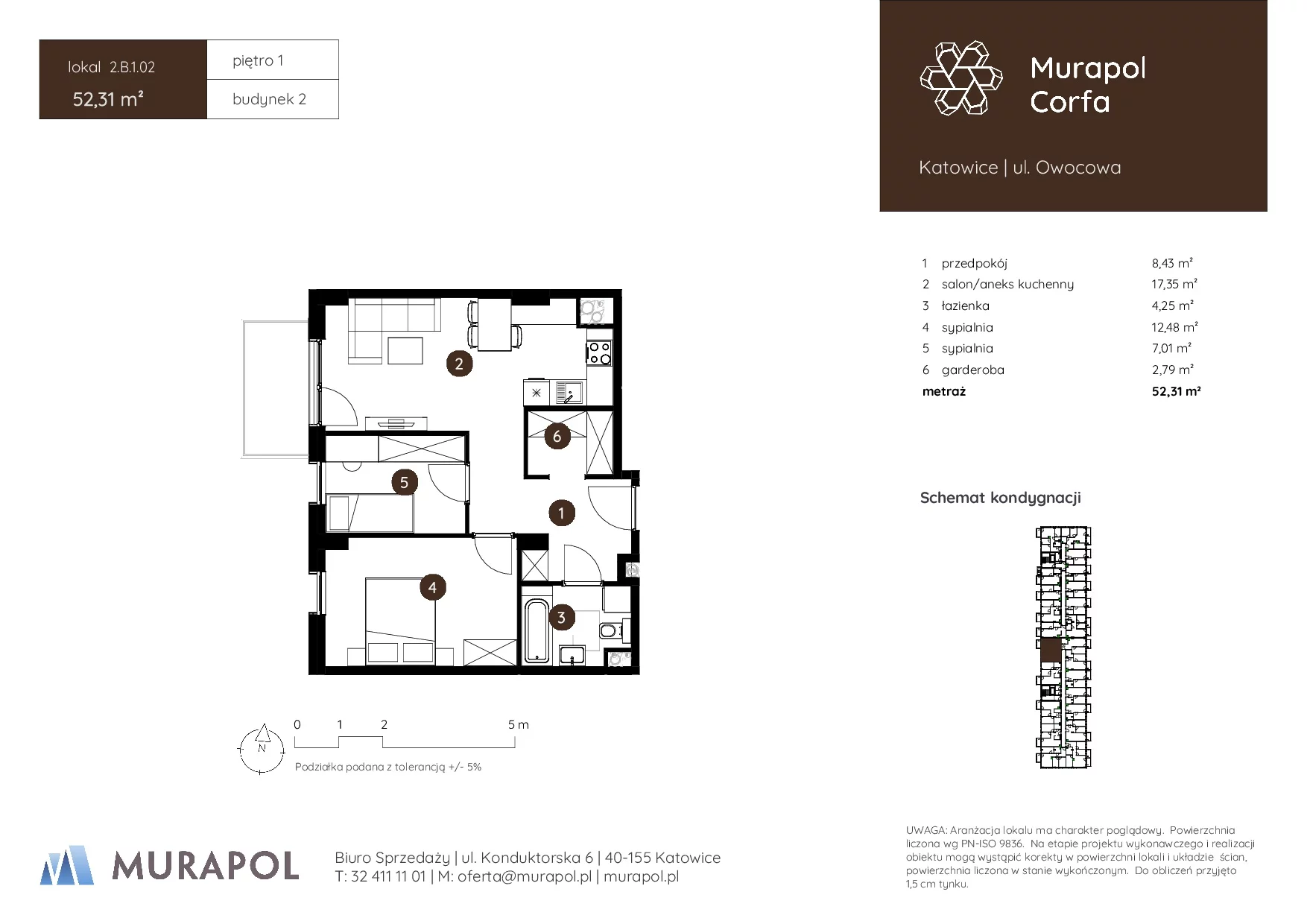 3 pokoje, mieszkanie 52,31 m², piętro 1, oferta nr 2.B.1.02, Murapol Corfa, Katowice, Wełnowiec-Józefowiec, Wełnowiec, ul. Owocowa