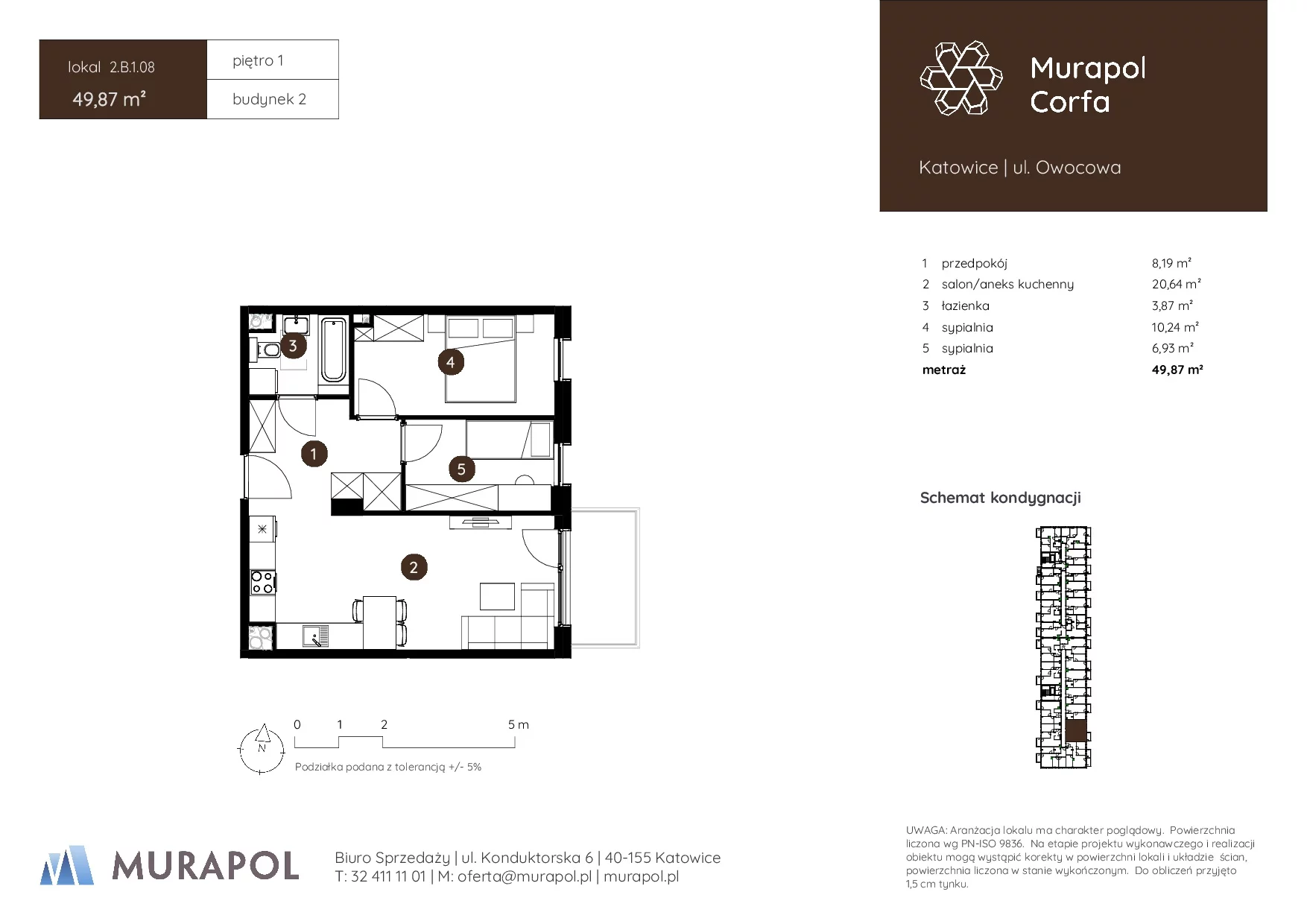 3 pokoje, mieszkanie 49,87 m², piętro 1, oferta nr 2.B.1.08, Murapol Corfa, Katowice, Wełnowiec-Józefowiec, Wełnowiec, ul. Owocowa