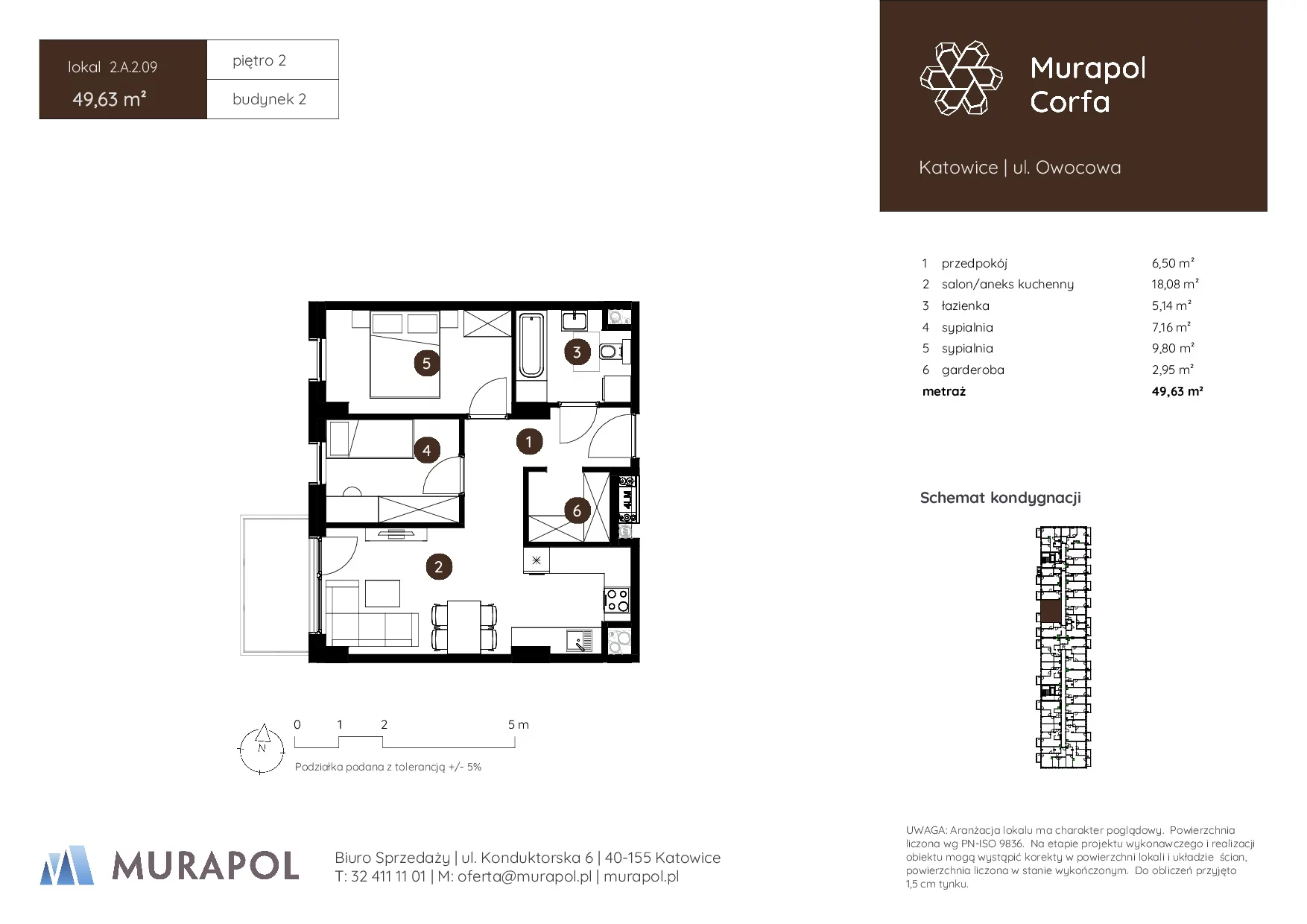3 pokoje, mieszkanie 49,63 m², piętro 2, oferta nr 2.A.2.09, Murapol Corfa, Katowice, Wełnowiec-Józefowiec, Wełnowiec, ul. Owocowa
