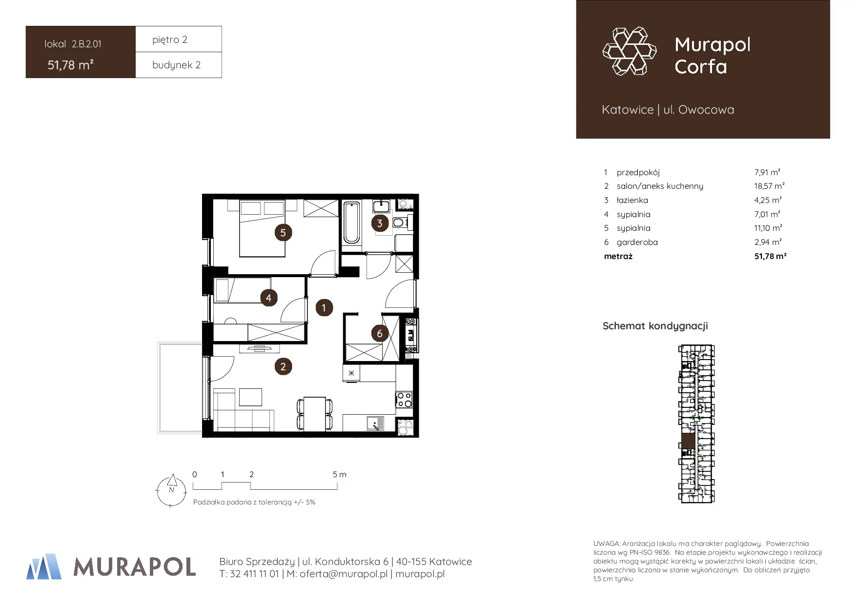 3 pokoje, mieszkanie 51,78 m², piętro 2, oferta nr 2.B.2.01, Murapol Corfa, Katowice, Wełnowiec-Józefowiec, Wełnowiec, ul. Owocowa