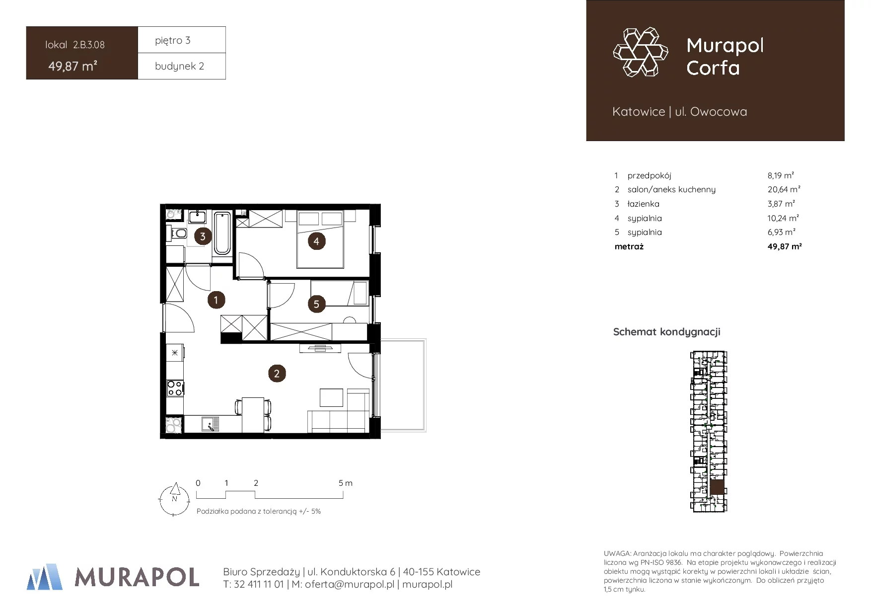 3 pokoje, mieszkanie 49,87 m², piętro 3, oferta nr 2.B.3.08, Murapol Corfa, Katowice, Wełnowiec-Józefowiec, Wełnowiec, ul. Owocowa