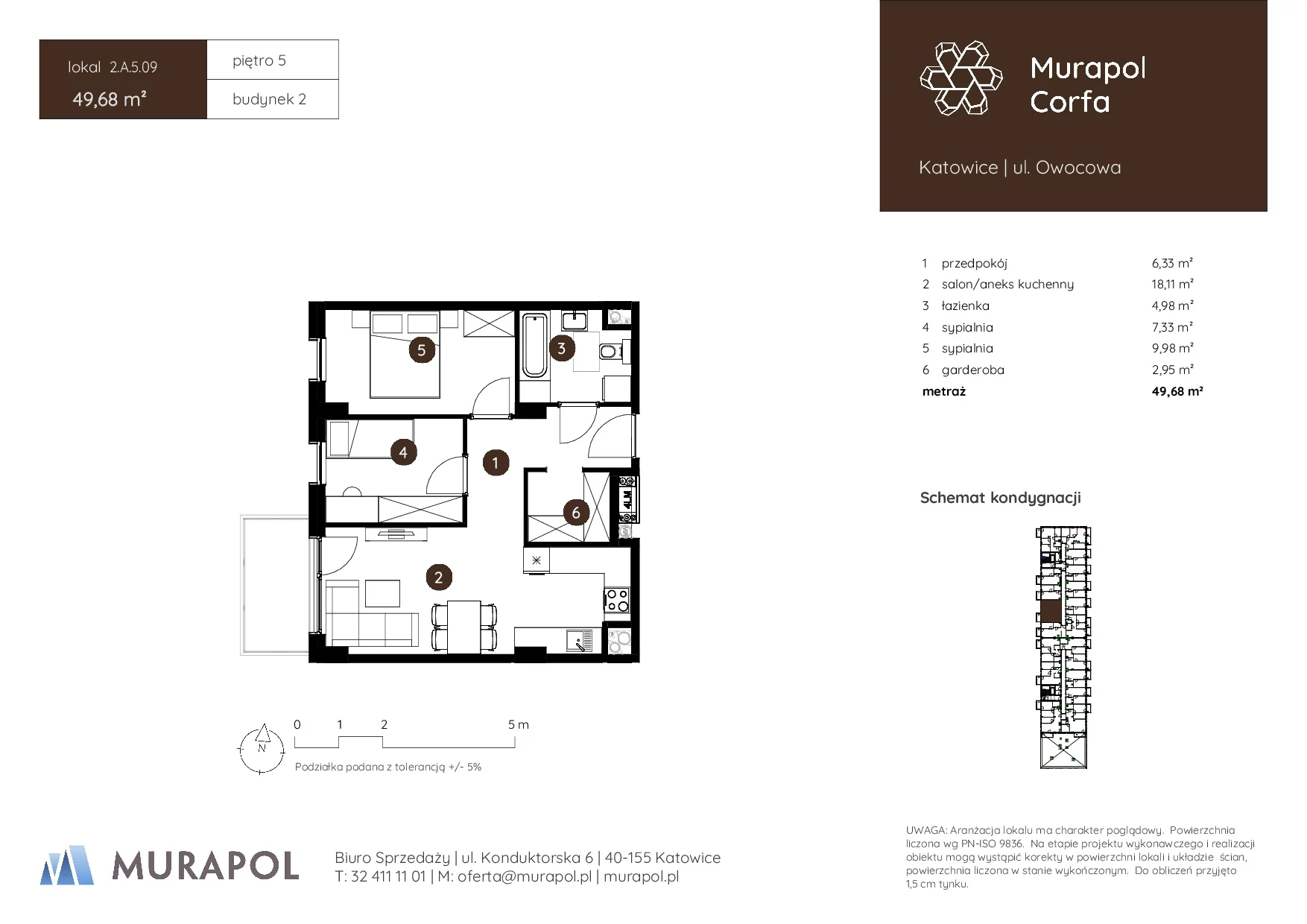 3 pokoje, mieszkanie 49,68 m², piętro 5, oferta nr 2.A.5.09, Murapol Corfa, Katowice, Wełnowiec-Józefowiec, Wełnowiec, ul. Owocowa