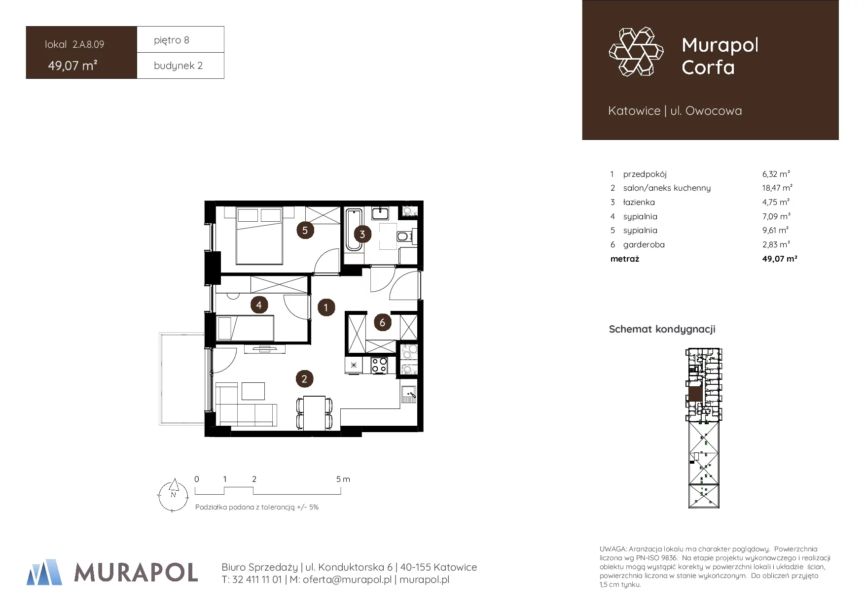 3 pokoje, mieszkanie 49,07 m², piętro 8, oferta nr 2.A.8.09, Murapol Corfa, Katowice, Wełnowiec-Józefowiec, Wełnowiec, ul. Owocowa