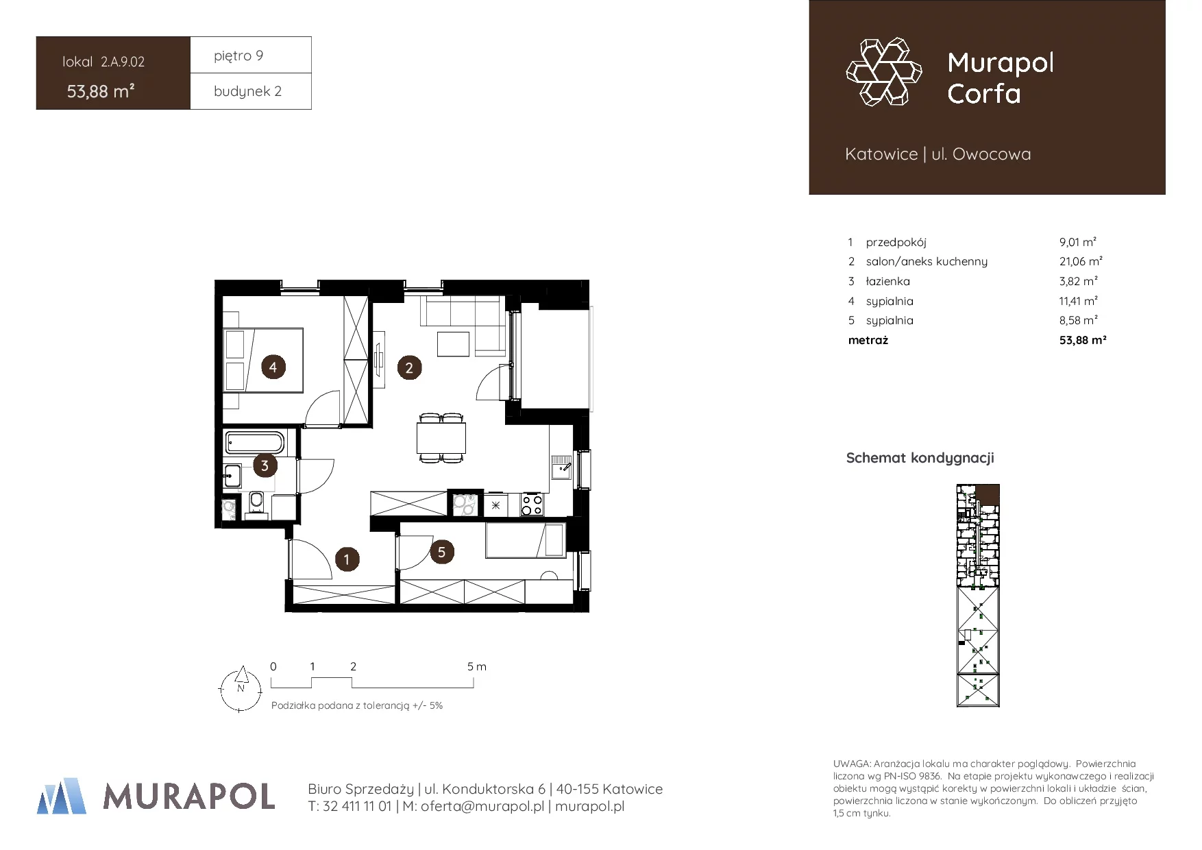 3 pokoje, mieszkanie 53,88 m², piętro 9, oferta nr 2.A.9.02, Murapol Corfa, Katowice, Wełnowiec-Józefowiec, Wełnowiec, ul. Owocowa