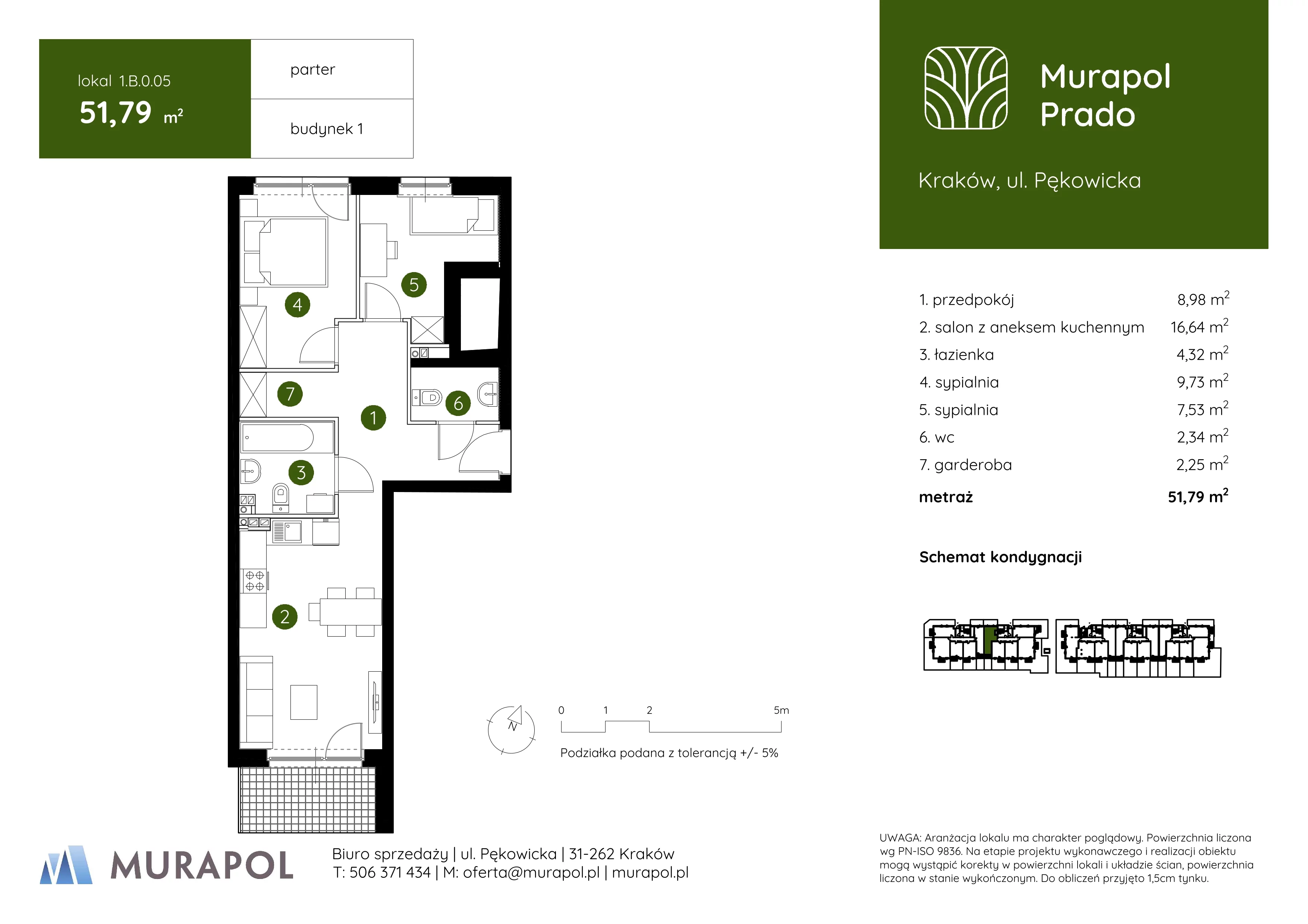 3 pokoje, mieszkanie 51,79 m², parter, oferta nr 1.B.0.05, Murapol Prado, Kraków, Prądnik Biały, ul. Pękowicka