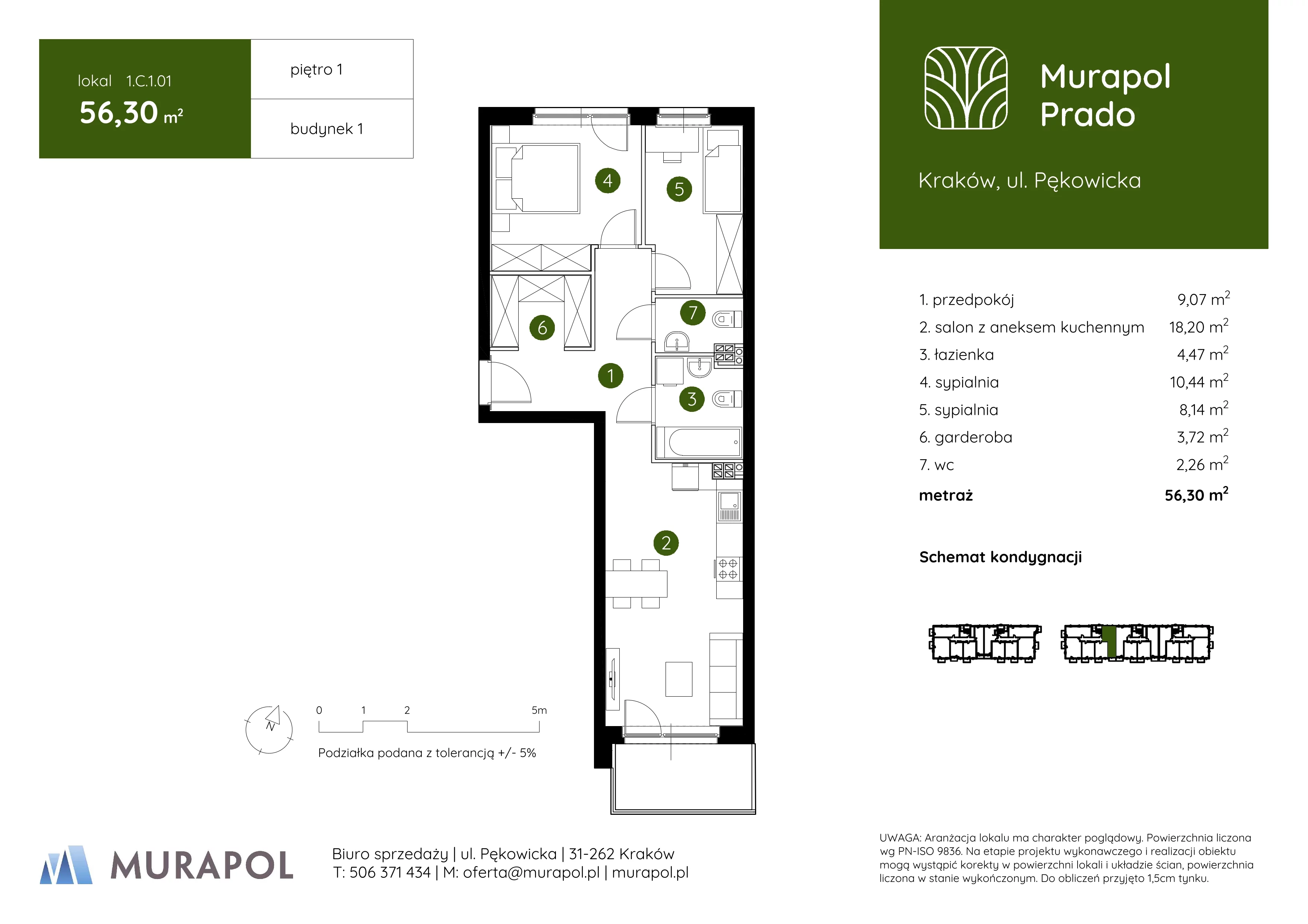 3 pokoje, mieszkanie 56,30 m², piętro 1, oferta nr 1.C.1.01, Murapol Prado, Kraków, Prądnik Biały, ul. Pękowicka