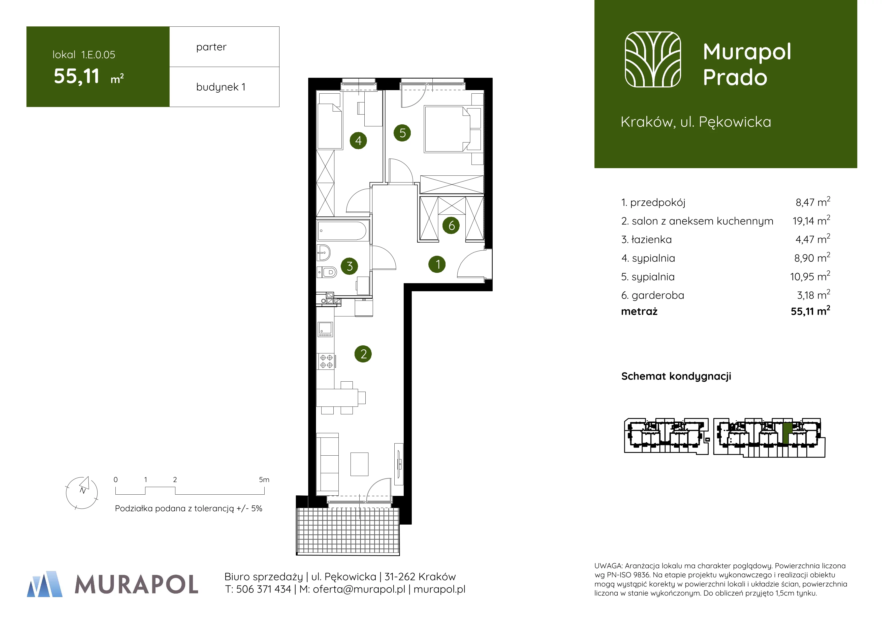 3 pokoje, mieszkanie 55,11 m², parter, oferta nr 1.E.0.05, Murapol Prado, Kraków, Prądnik Biały, ul. Piaszczysta