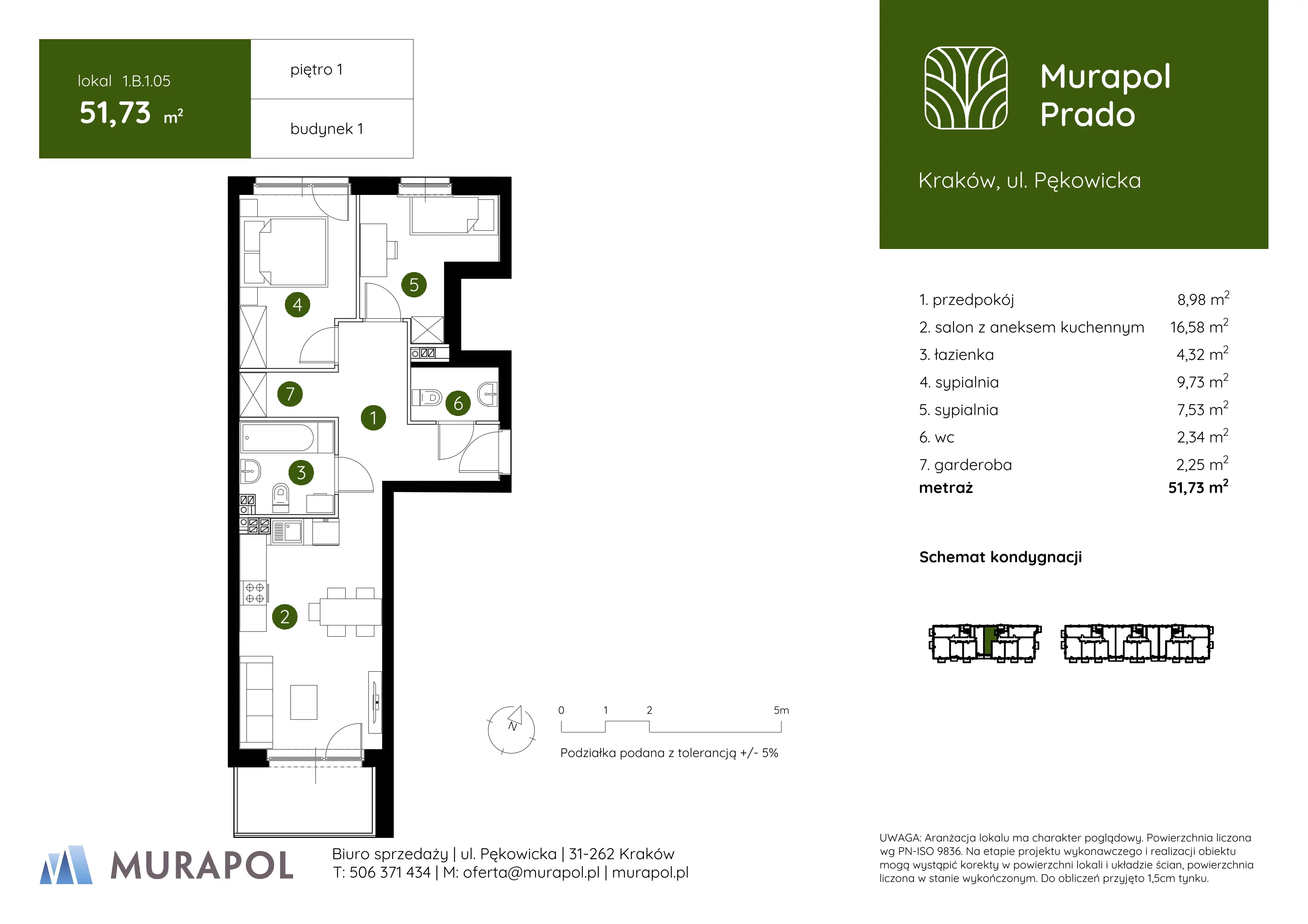 3 pokoje, mieszkanie 51,73 m², piętro 1, oferta nr 1.B.1.05, Murapol Prado, Kraków, Prądnik Biały, ul. Piaszczysta
