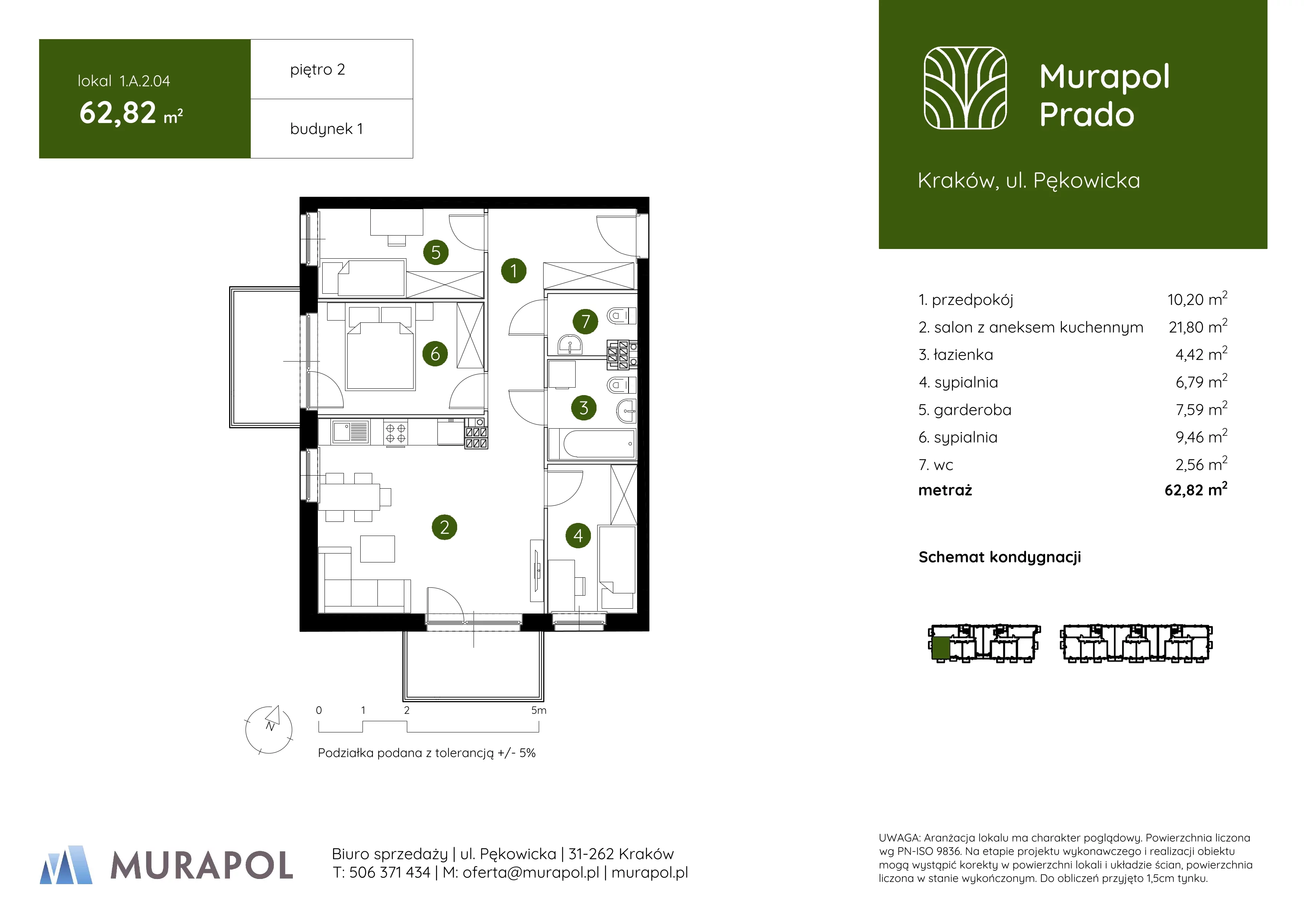 3 pokoje, mieszkanie 62,82 m², piętro 2, oferta nr 1.A.2.04, Murapol Prado, Kraków, Prądnik Biały, ul. Piaszczysta