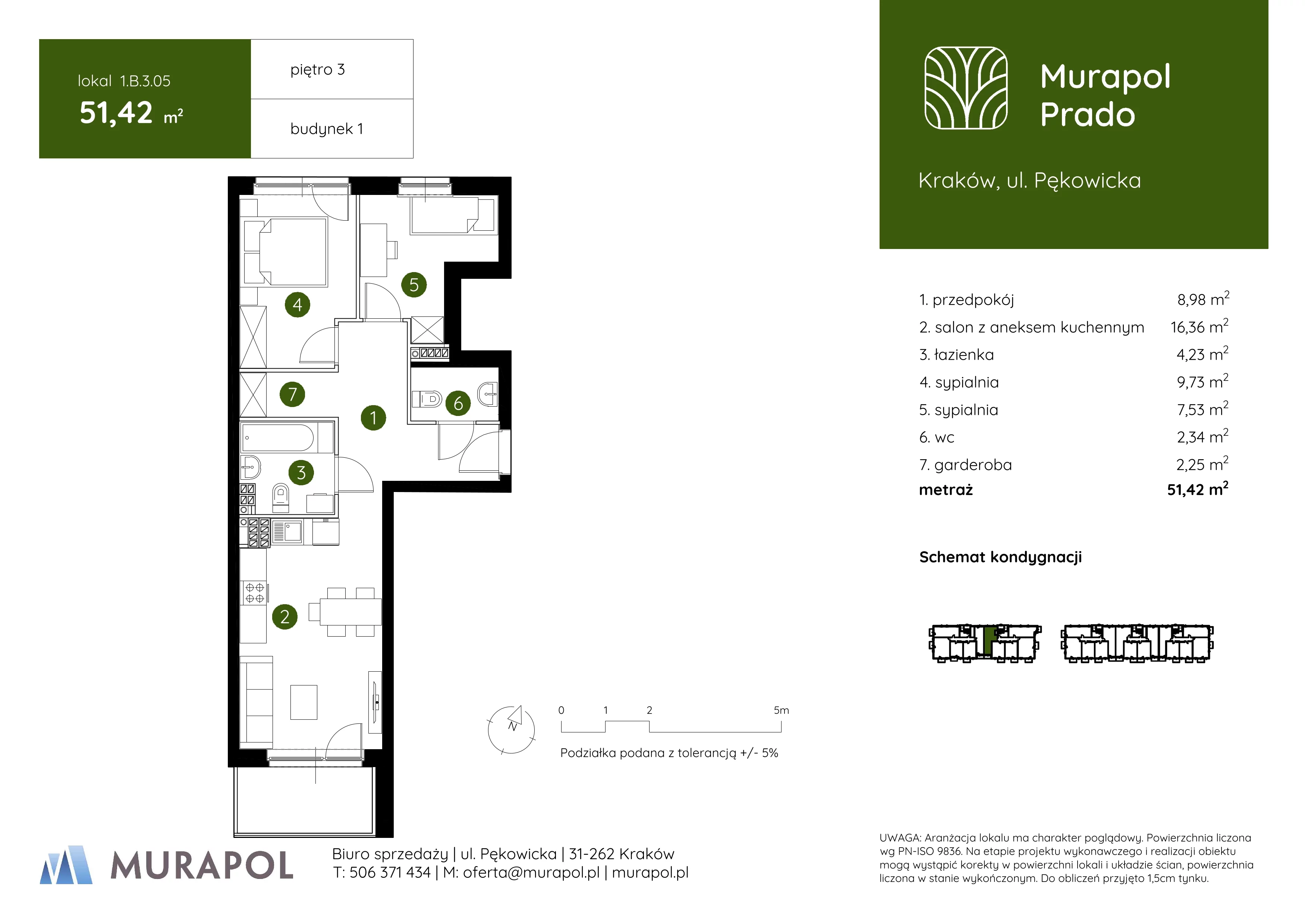 3 pokoje, mieszkanie 51,42 m², piętro 3, oferta nr 1.B.3.05, Murapol Prado, Kraków, Prądnik Biały, ul. Piaszczysta