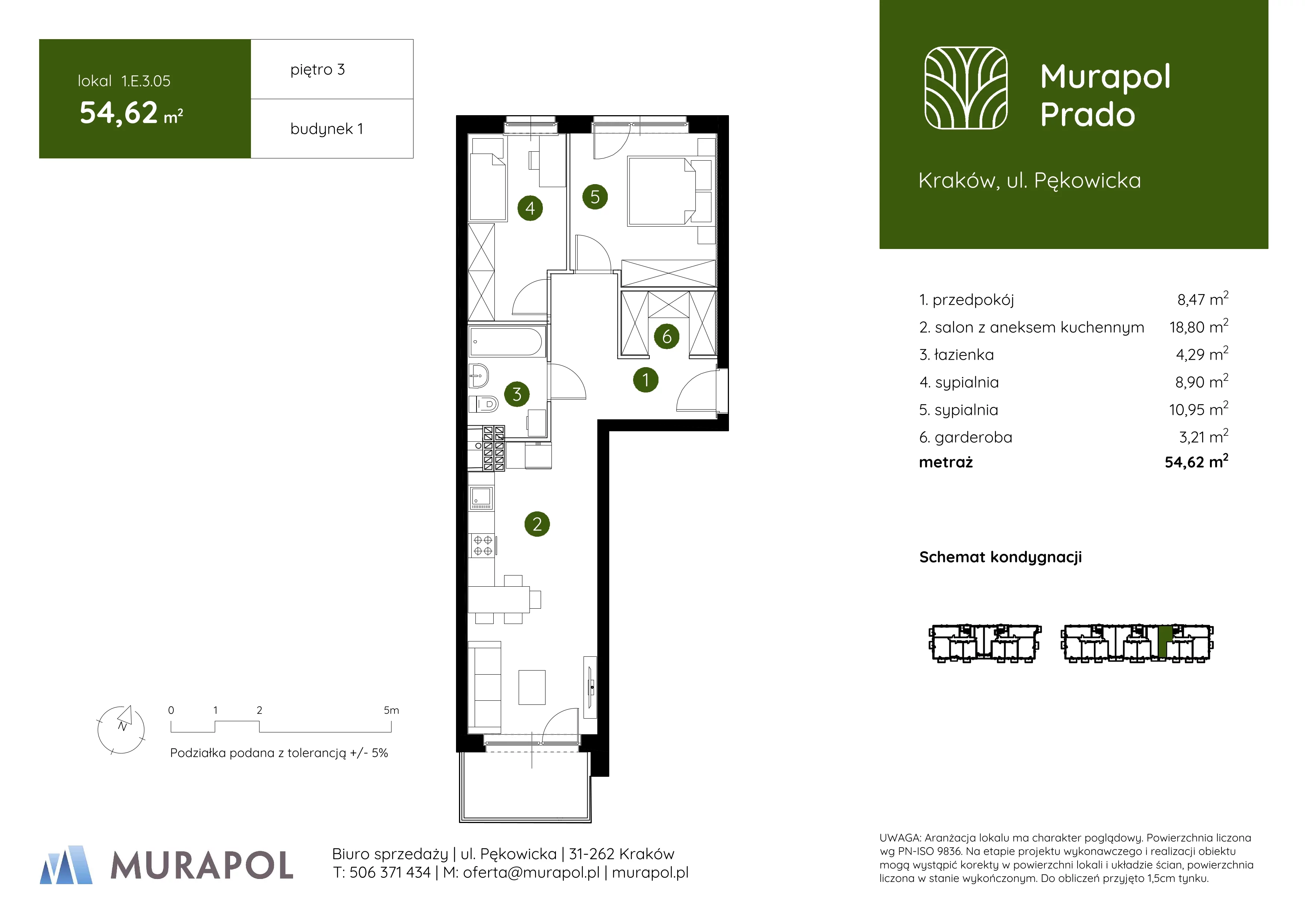 3 pokoje, mieszkanie 54,62 m², piętro 3, oferta nr 1.E.3.05, Murapol Prado, Kraków, Prądnik Biały, ul. Piaszczysta
