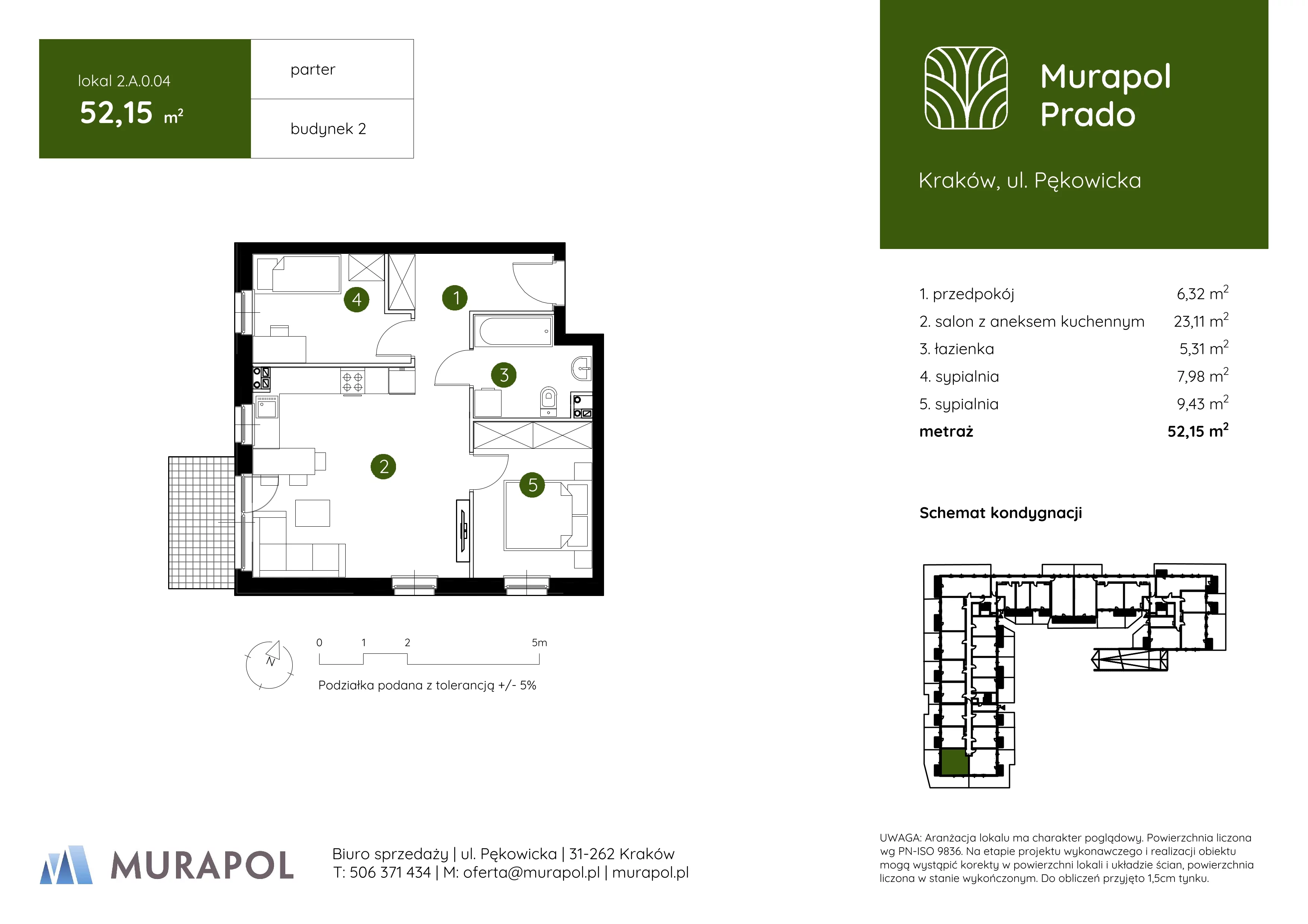 3 pokoje, mieszkanie 52,15 m², parter, oferta nr 2.A.0.04, Murapol Prado, Kraków, Prądnik Biały, ul. Piaszczysta