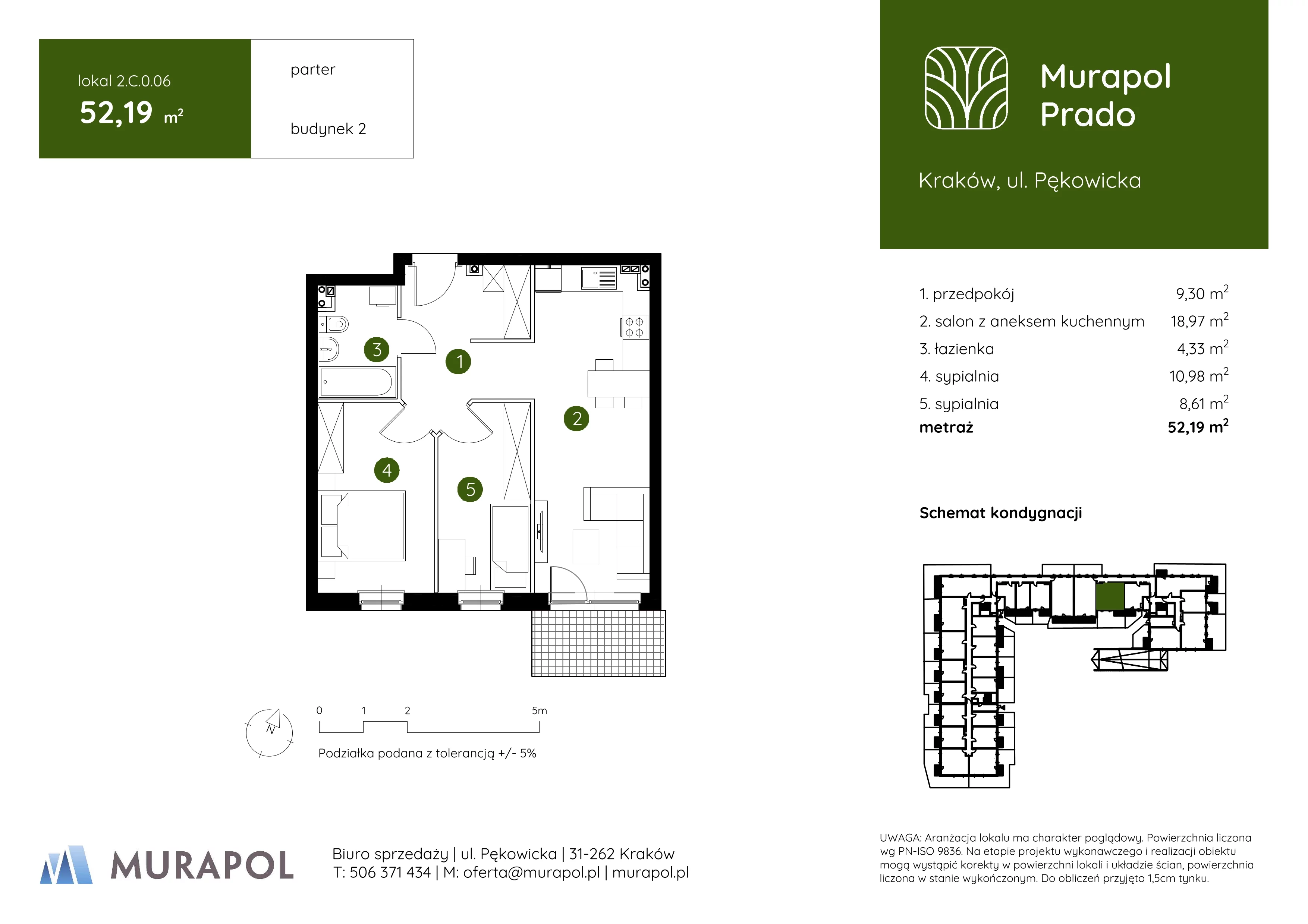 3 pokoje, mieszkanie 52,19 m², parter, oferta nr 2.C.0.06, Murapol Prado, Kraków, Prądnik Biały, ul. Piaszczysta