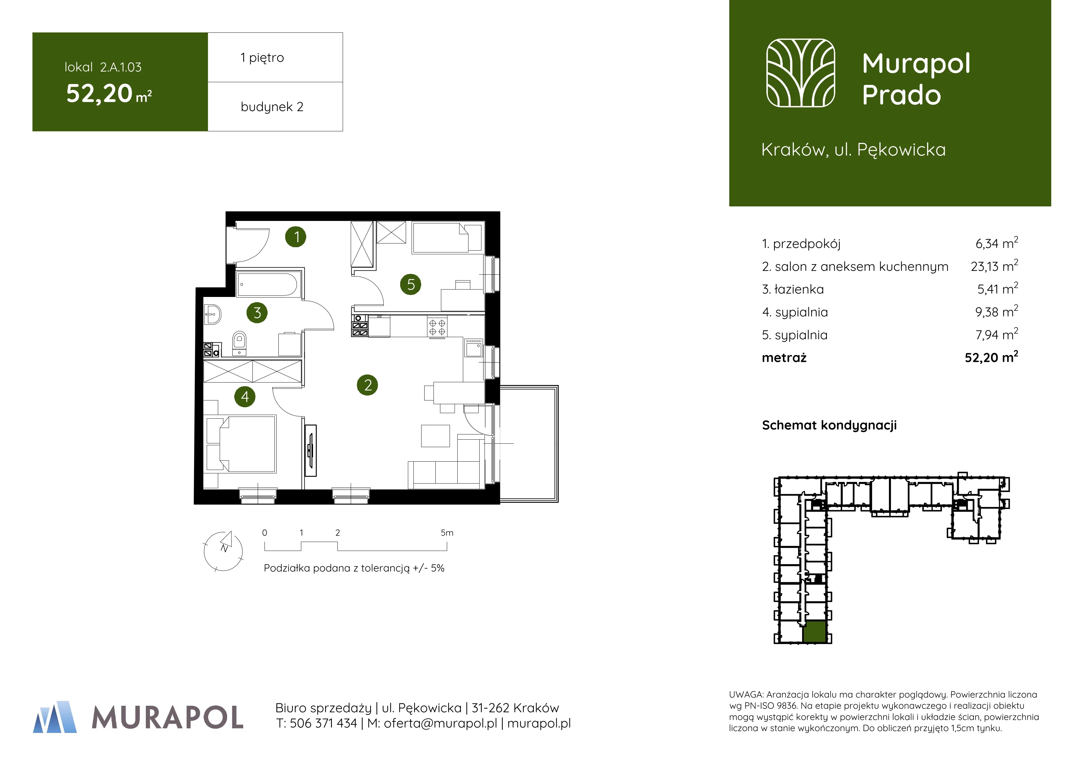 3 pokoje, mieszkanie 52,20 m², piętro 1, oferta nr 2.A.1.03, Murapol Prado, Kraków, Prądnik Biały, ul. Piaszczysta