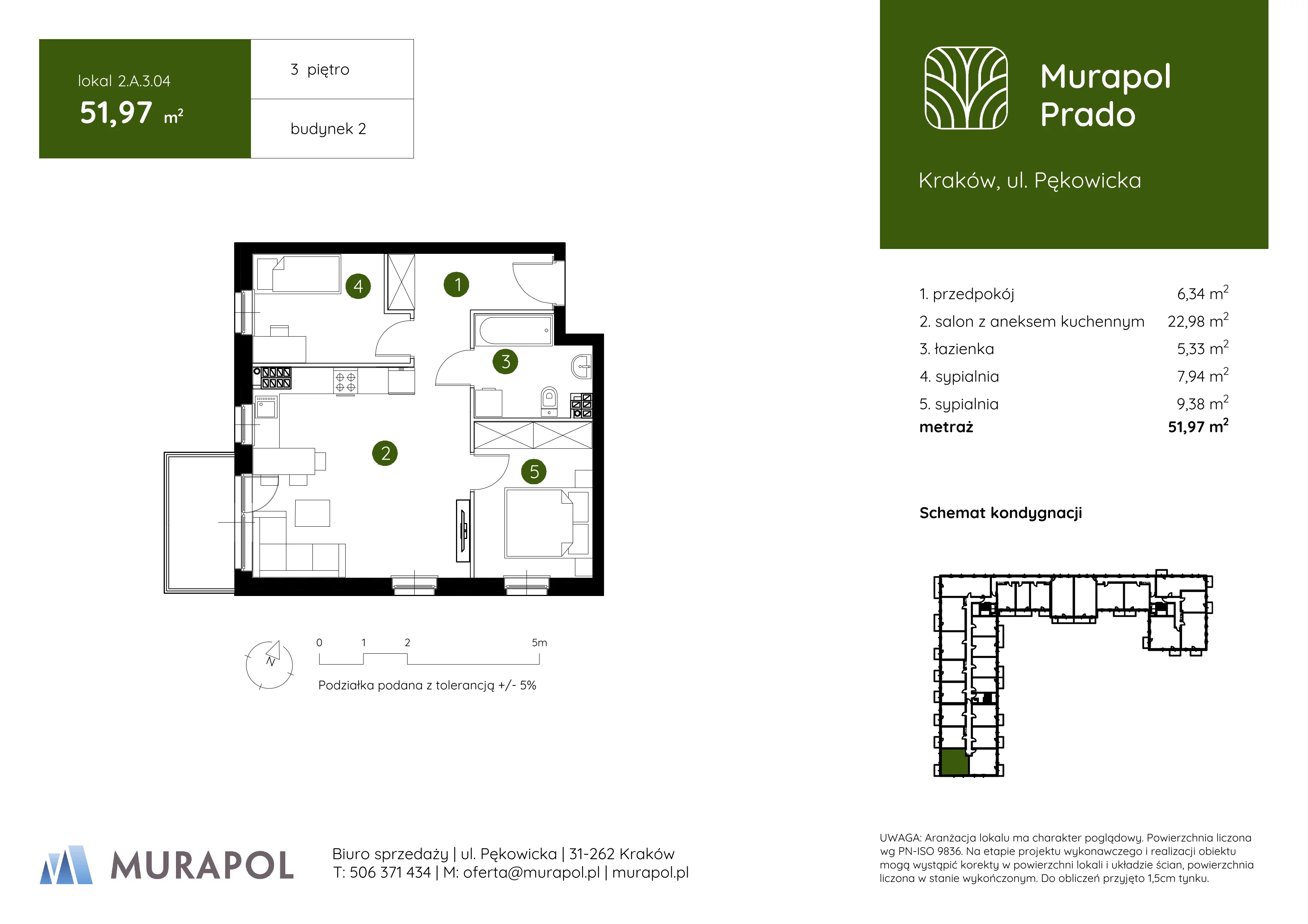 3 pokoje, mieszkanie 51,97 m², piętro 3, oferta nr 2.A.3.04, Murapol Prado, Kraków, Prądnik Biały, ul. Piaszczysta