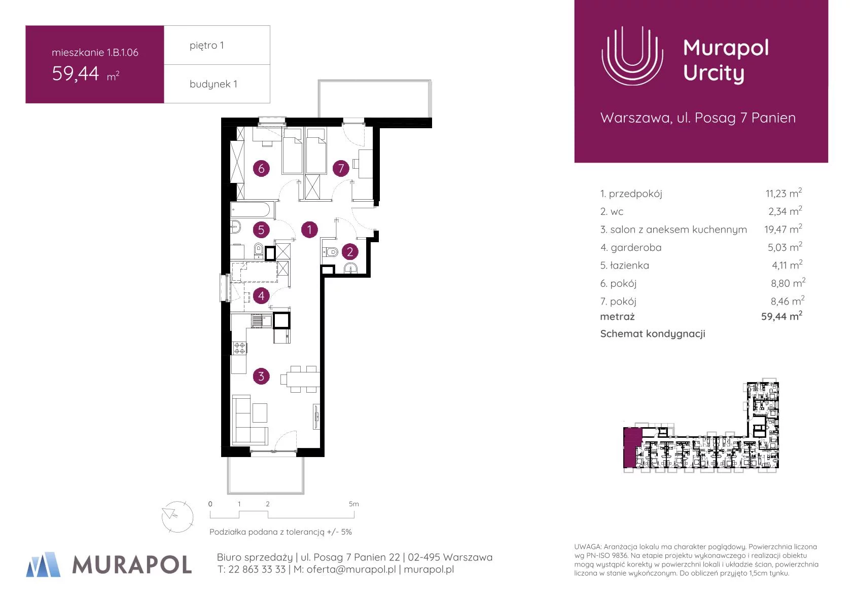 3 pokoje, mieszkanie 59,44 m², piętro 1, oferta nr 1.B.1.06, Murapol Urcity, Warszawa, Ursus, Szamoty, ul. Posag 7 Panien