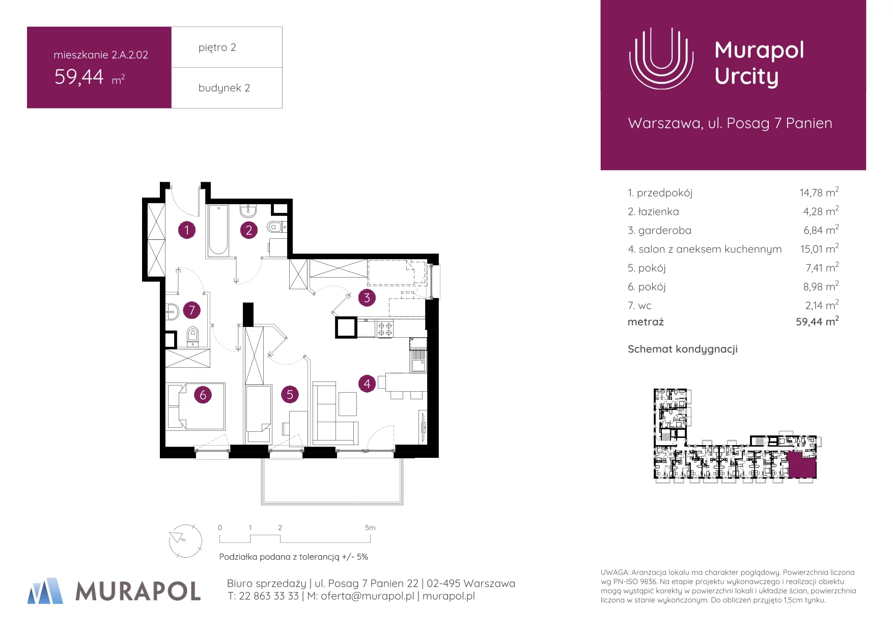 3 pokoje, mieszkanie 59,44 m², piętro 2, oferta nr 2.A.2.02, Murapol Urcity, Warszawa, Ursus, Szamoty, ul. Posag 7 Panien