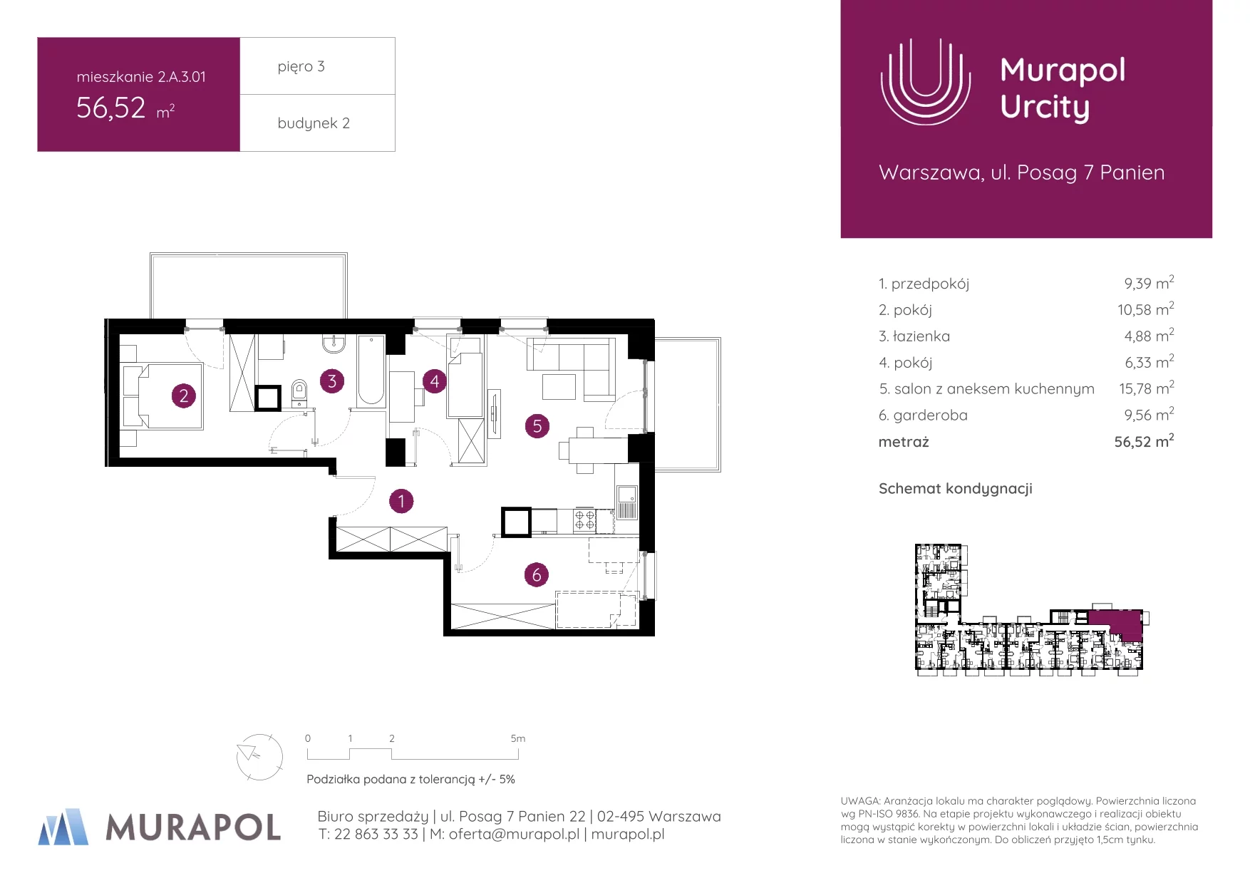 3 pokoje, mieszkanie 56,52 m², piętro 3, oferta nr 2.A.3.01, Murapol Urcity, Warszawa, Ursus, Szamoty, ul. Posag 7 Panien