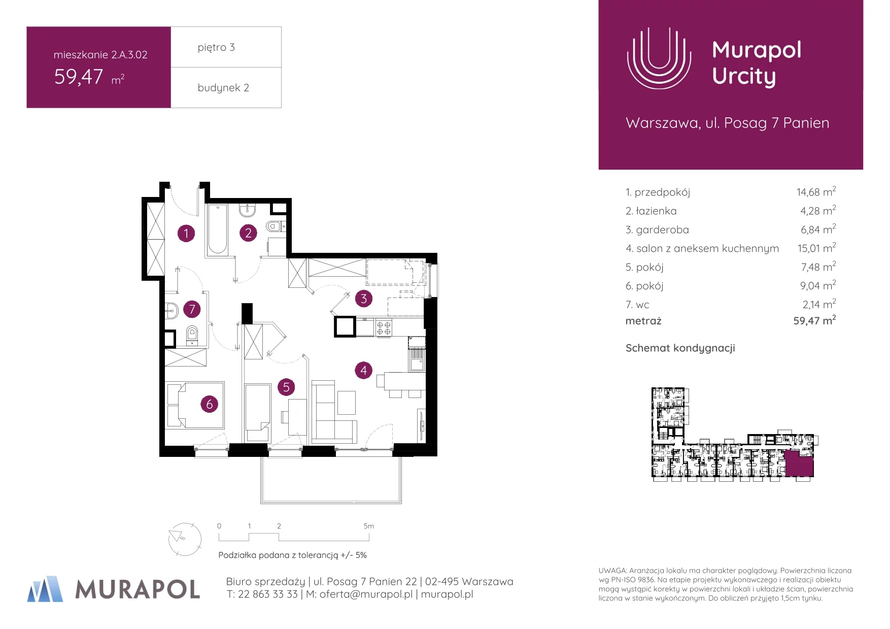 3 pokoje, mieszkanie 59,47 m², piętro 3, oferta nr 2.A.3.02, Murapol Urcity, Warszawa, Ursus, Szamoty, ul. Posag 7 Panien