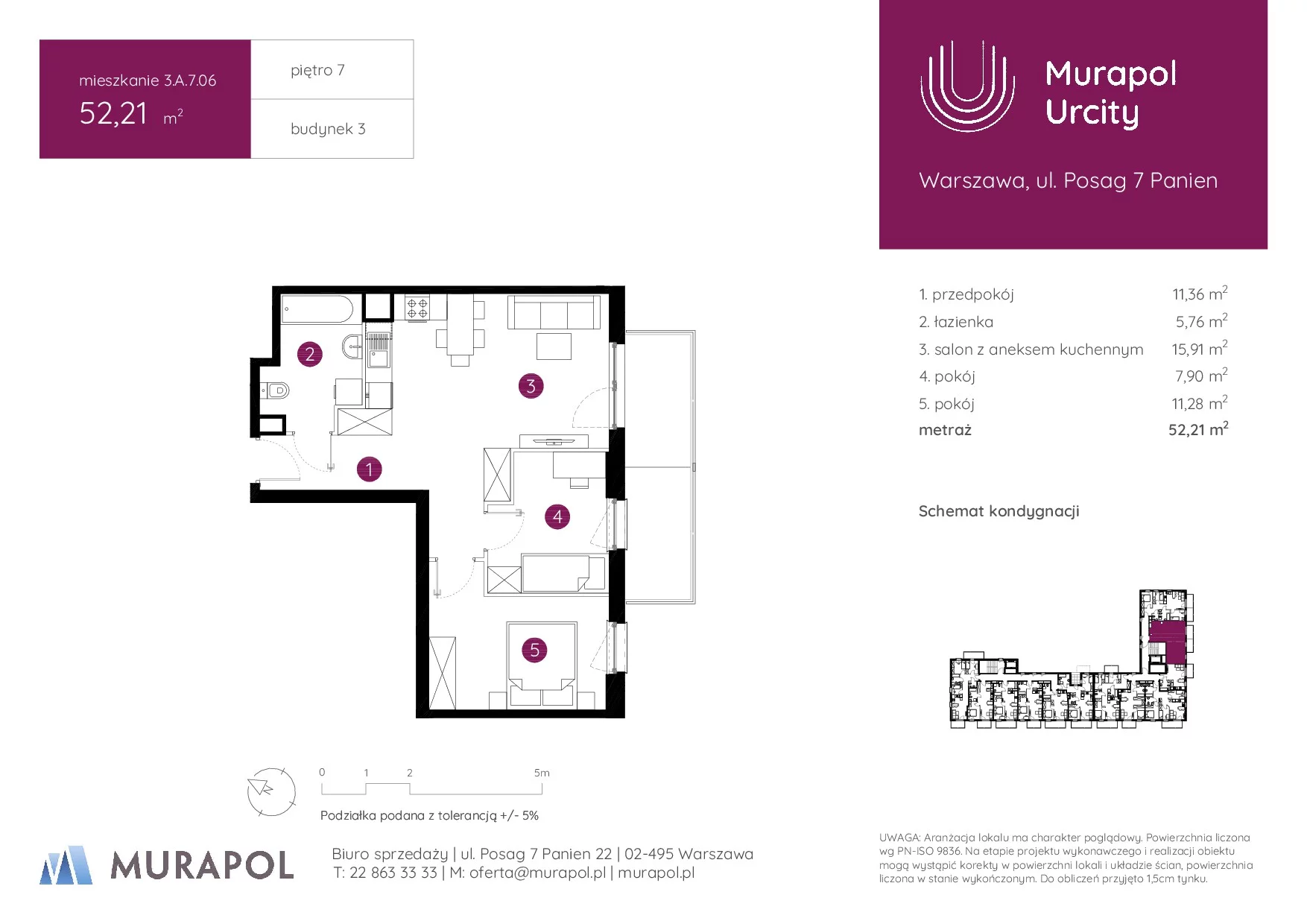 3 pokoje, mieszkanie 52,21 m², piętro 7, oferta nr 3.A.7.06, Murapol Urcity, Warszawa, Ursus, Szamoty, ul. Posag 7 Panien