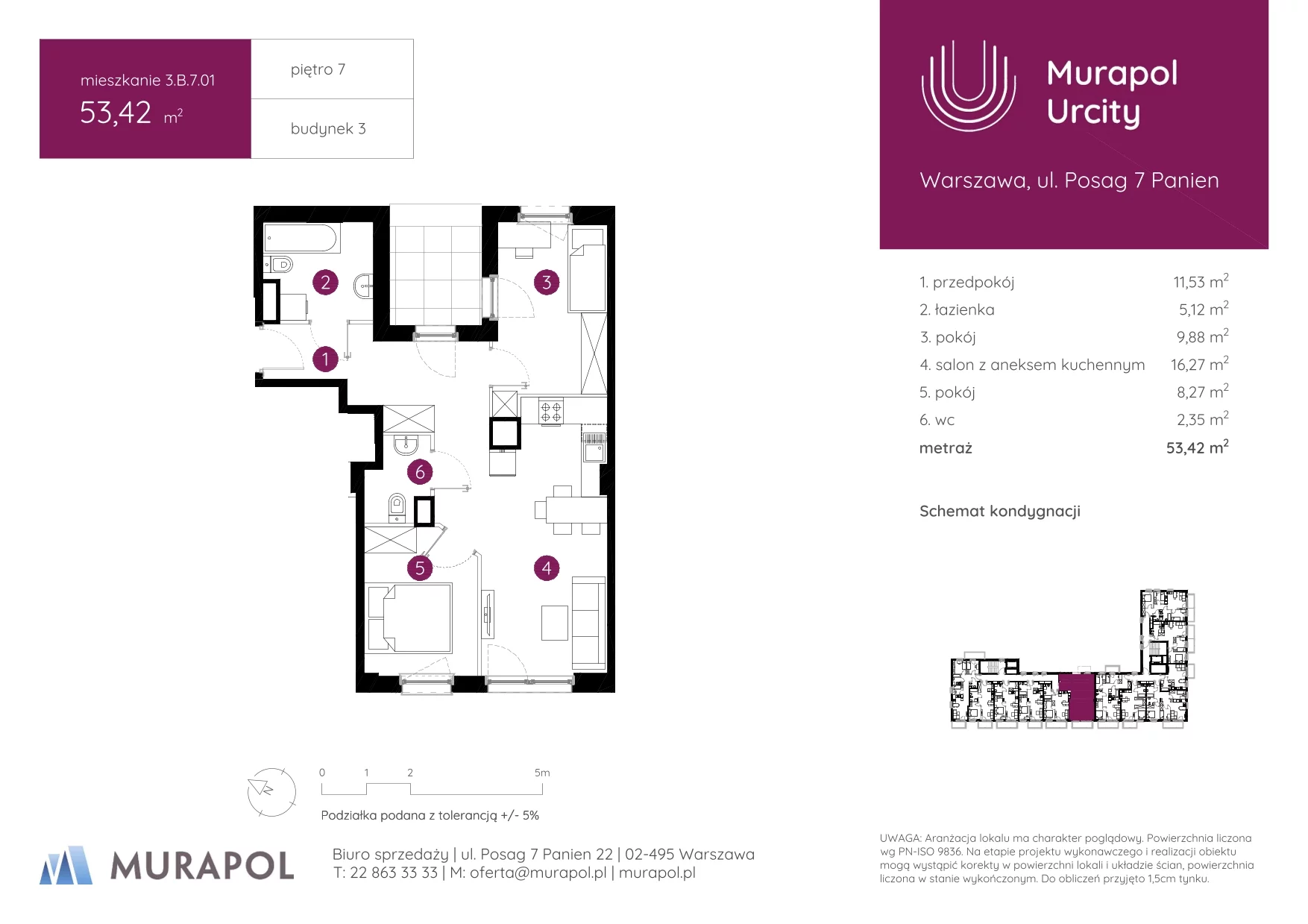 3 pokoje, mieszkanie 53,42 m², piętro 7, oferta nr 3.B.7.01, Murapol Urcity, Warszawa, Ursus, Szamoty, ul. Posag 7 Panien