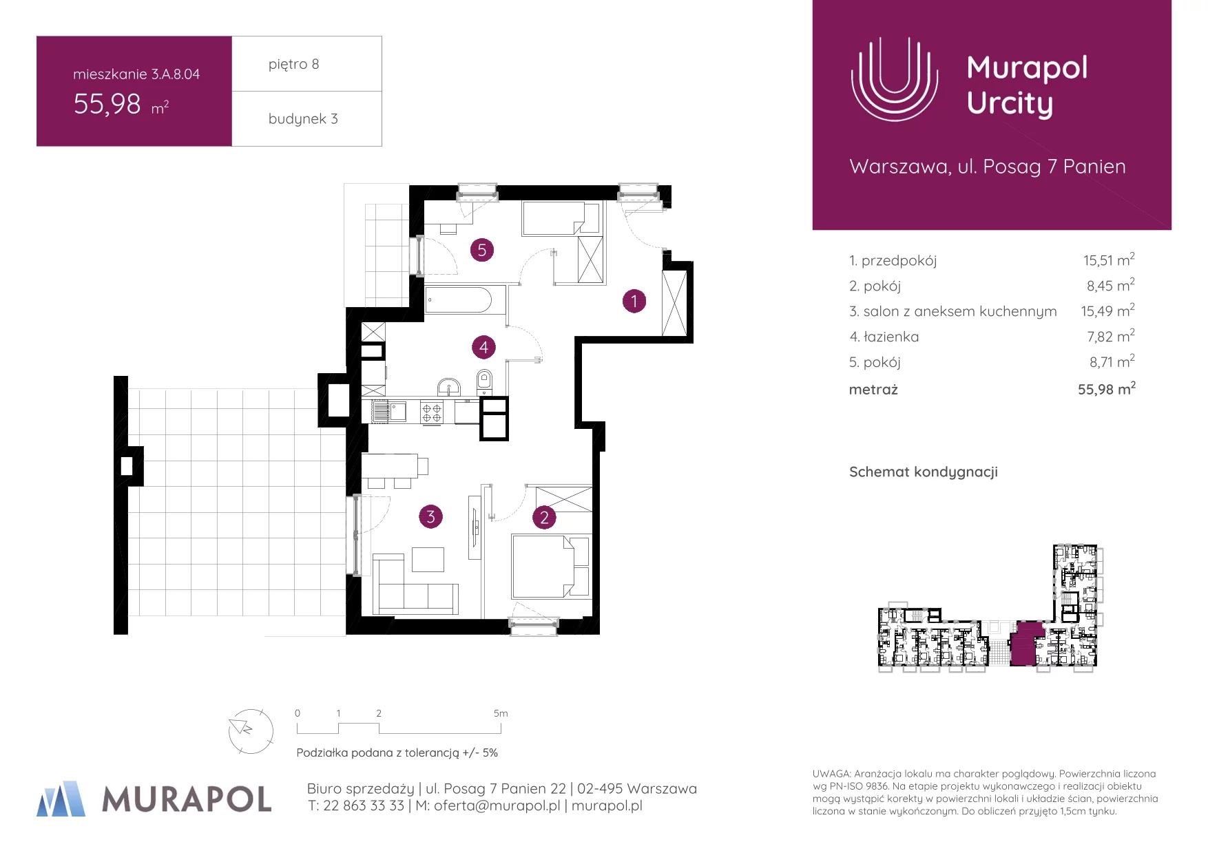 3 pokoje, mieszkanie 55,98 m², piętro 8, oferta nr 3.A.8.04, Murapol Urcity, Warszawa, Ursus, Szamoty, ul. Posag 7 Panien