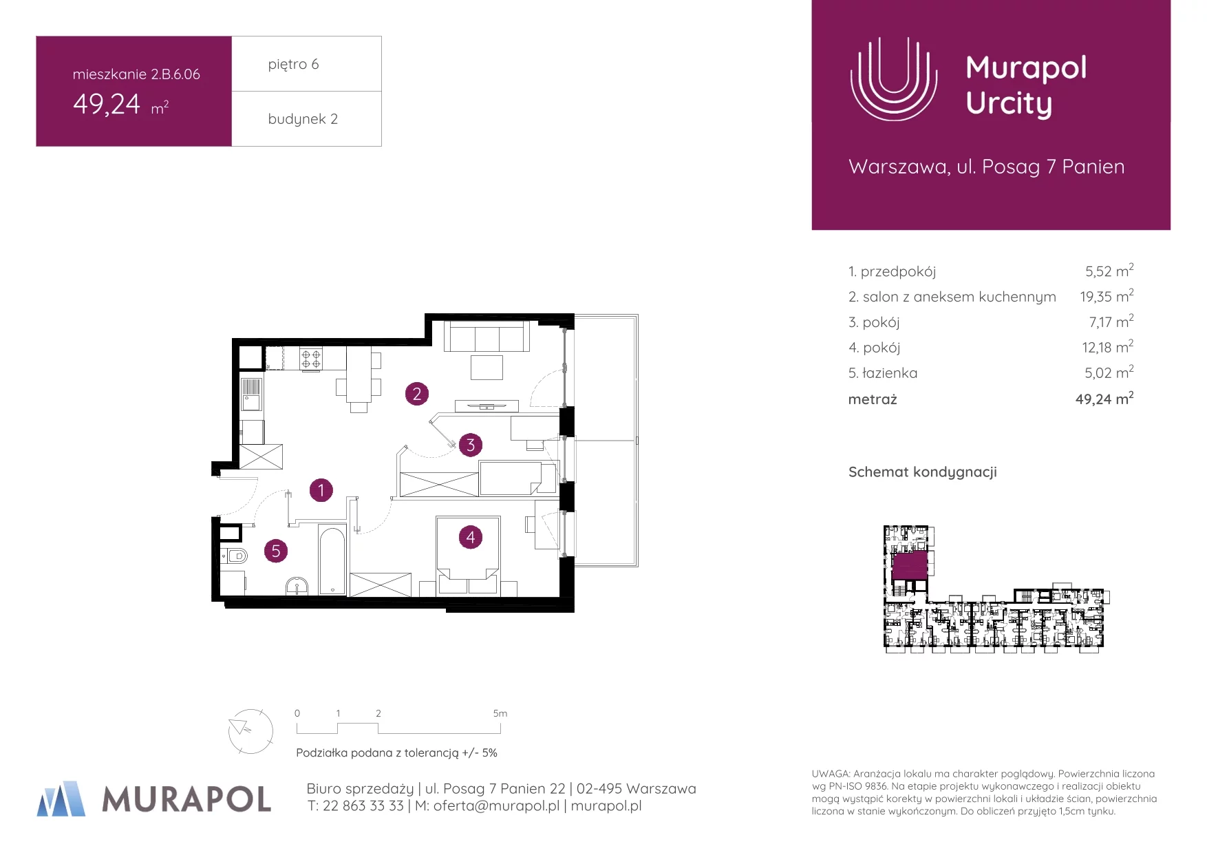 3 pokoje, mieszkanie 49,24 m², piętro 6, oferta nr 2.B.6.06, Murapol Urcity, Warszawa, Ursus, Szamoty, ul. Posag 7 Panien