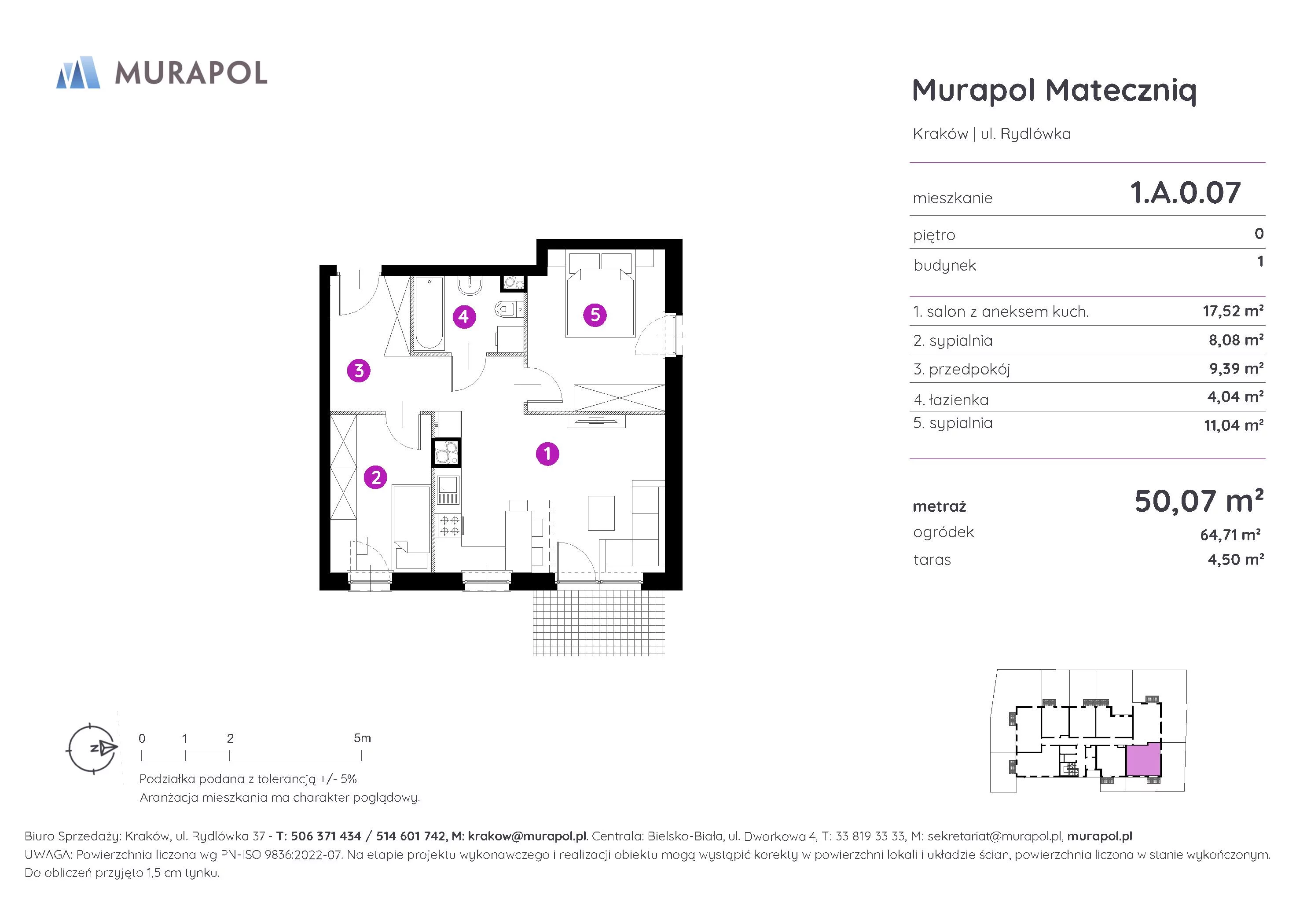 Mieszkanie 50,07 m², parter, oferta nr 1.A.0.07, Murapol Mateczniq, Kraków, Podgórze, Mateczny, ul. Rydlówka