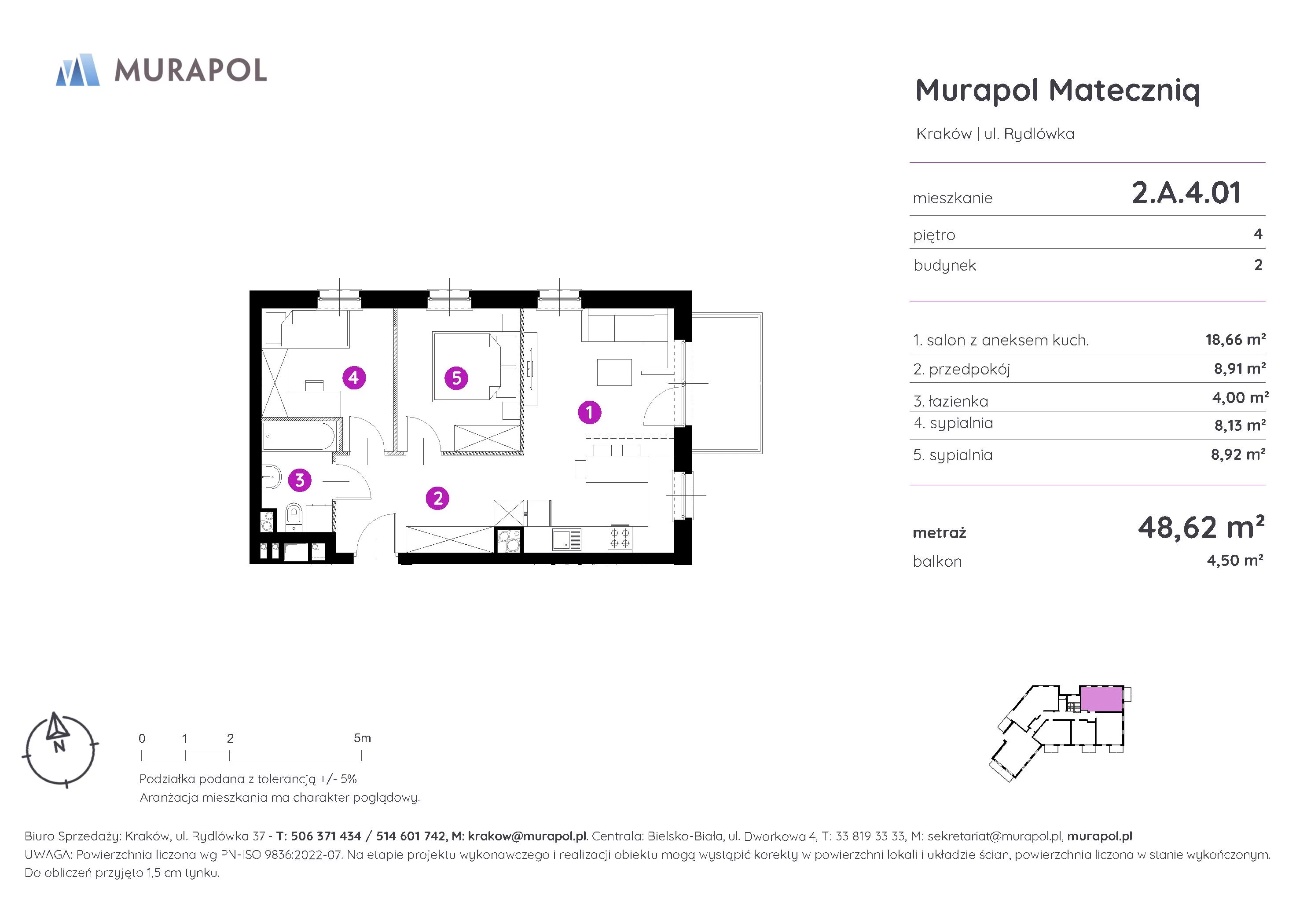 Mieszkanie 48,62 m², piętro 4, oferta nr 2.A.4.01, Murapol Mateczniq, Kraków, Podgórze, Mateczny, ul. Rydlówka