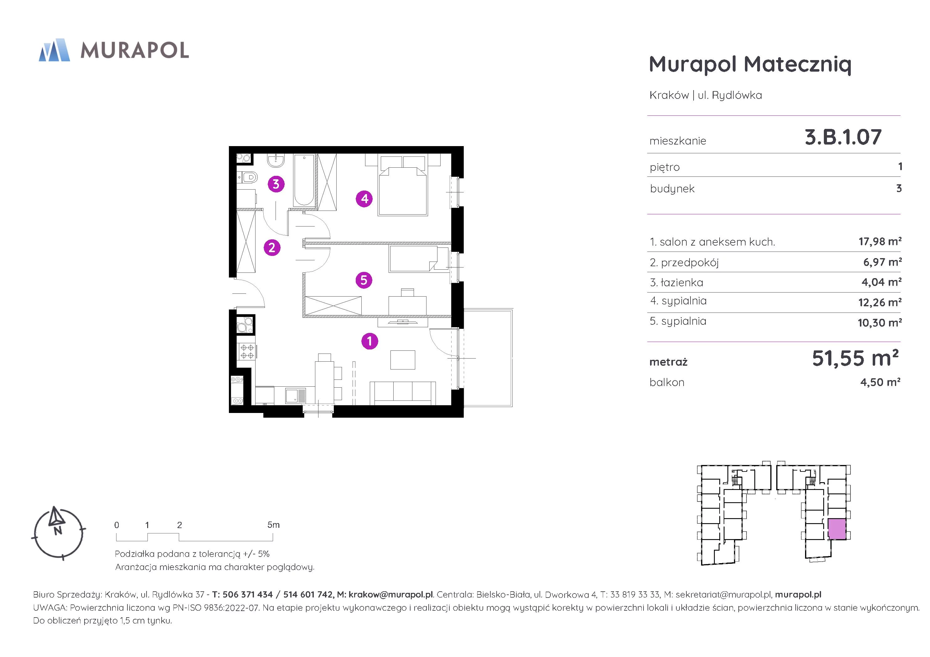 Mieszkanie 51,55 m², piętro 1, oferta nr 3.B.1.07, Murapol Mateczniq, Kraków, Podgórze, Mateczny, ul. Rydlówka