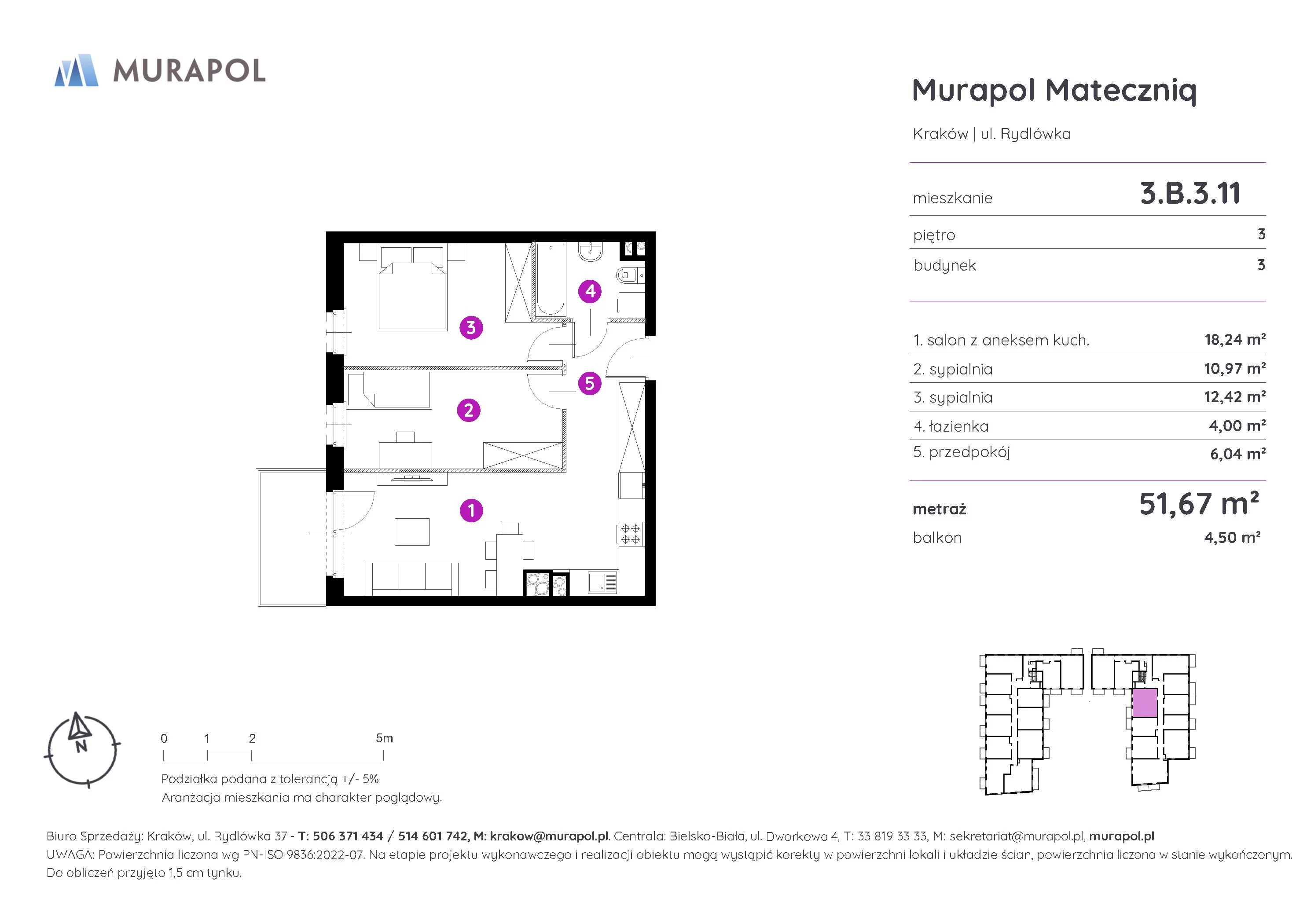 Mieszkanie 51,67 m², piętro 3, oferta nr 3.B.3.11, Murapol Mateczniq, Kraków, Podgórze, Mateczny, ul. Rydlówka