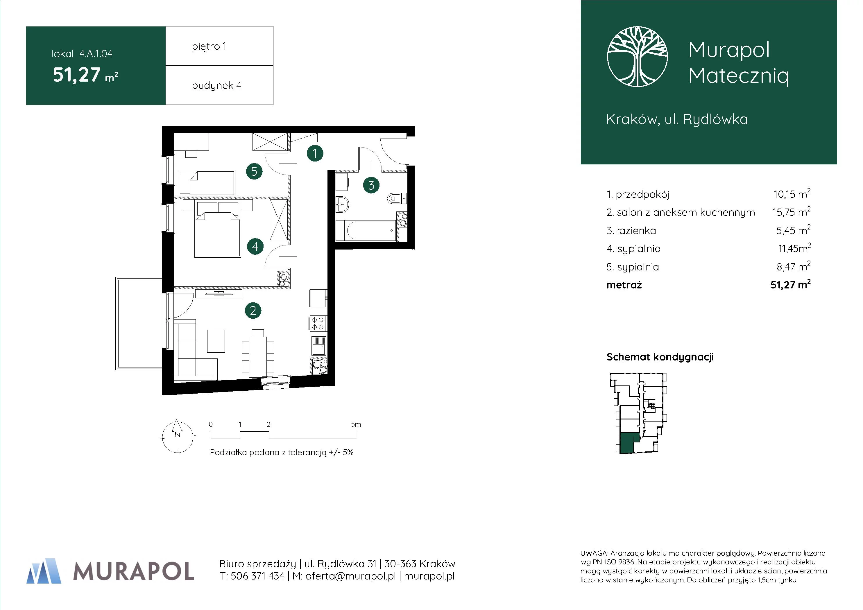 3 pokoje, mieszkanie 51,27 m², piętro 1, oferta nr 4.A.1.04, Murapol Mateczniq, Kraków, Podgórze, Mateczny, ul. Rydlówka