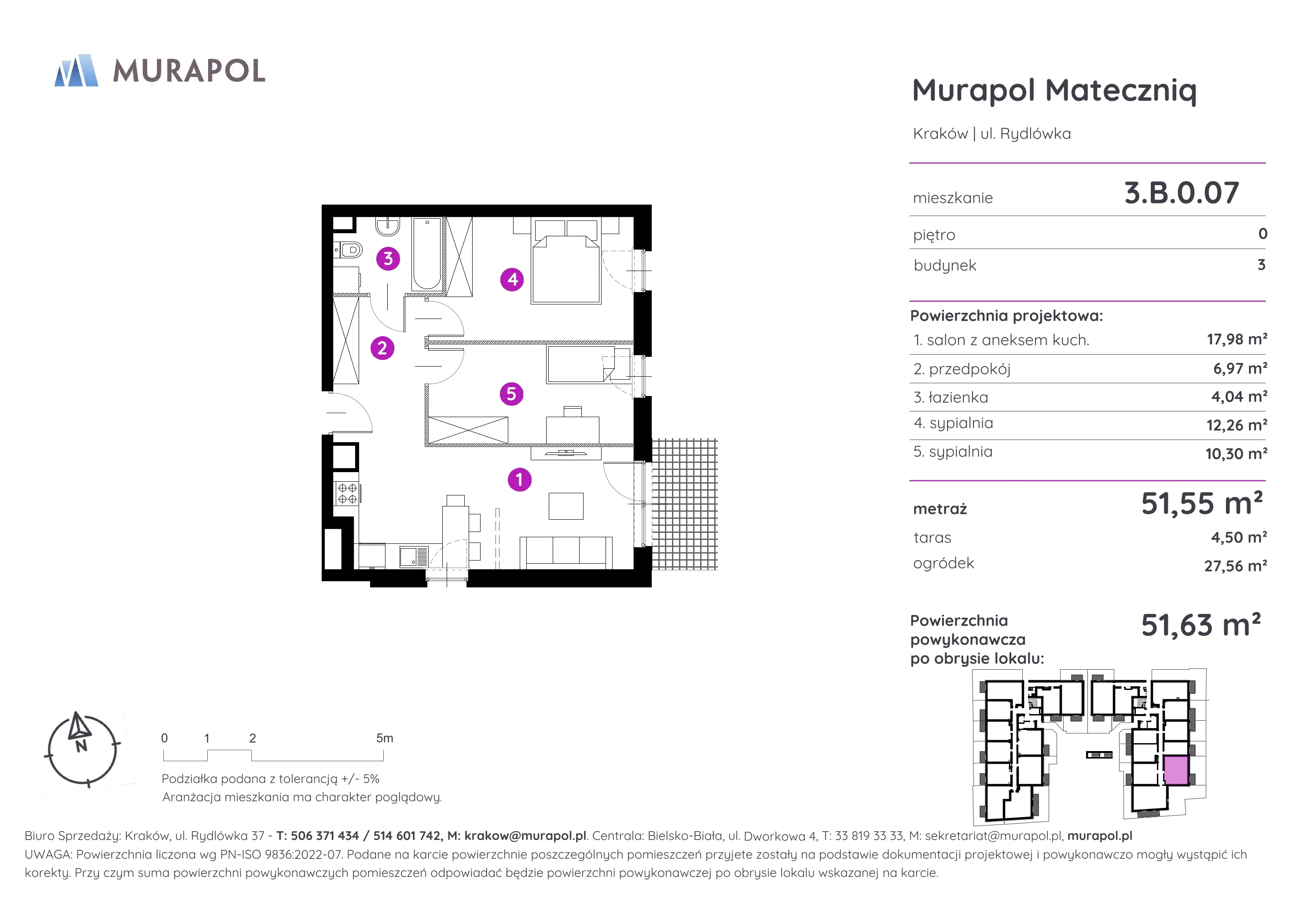 3 pokoje, mieszkanie 51,63 m², parter, oferta nr 3.B.0.07, Murapol Mateczniq, Kraków, Podgórze, Mateczny, ul. Rydlówka