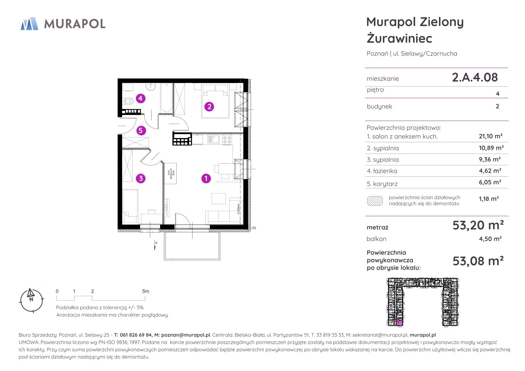 Mieszkanie 53,08 m², piętro 4, oferta nr 2.A.4.08, Murapol Zielony Żurawiniec - Gotowe mieszkania, Poznań, Naramowice, ul. Sielawy