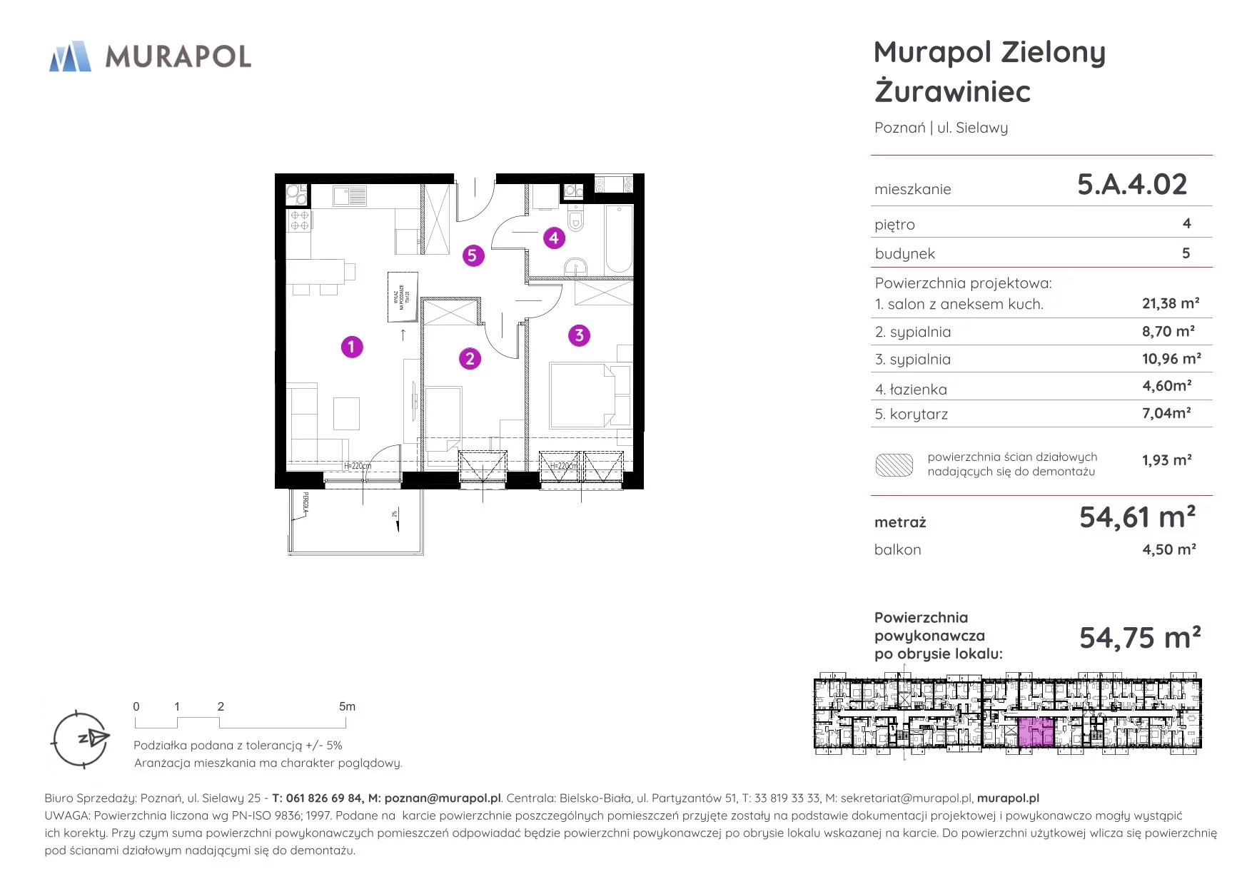 Mieszkanie 54,75 m², piętro 4, oferta nr 5.A.4.02, Murapol Zielony Żurawiniec - Gotowe mieszkania, Poznań, Naramowice, ul. Sielawy