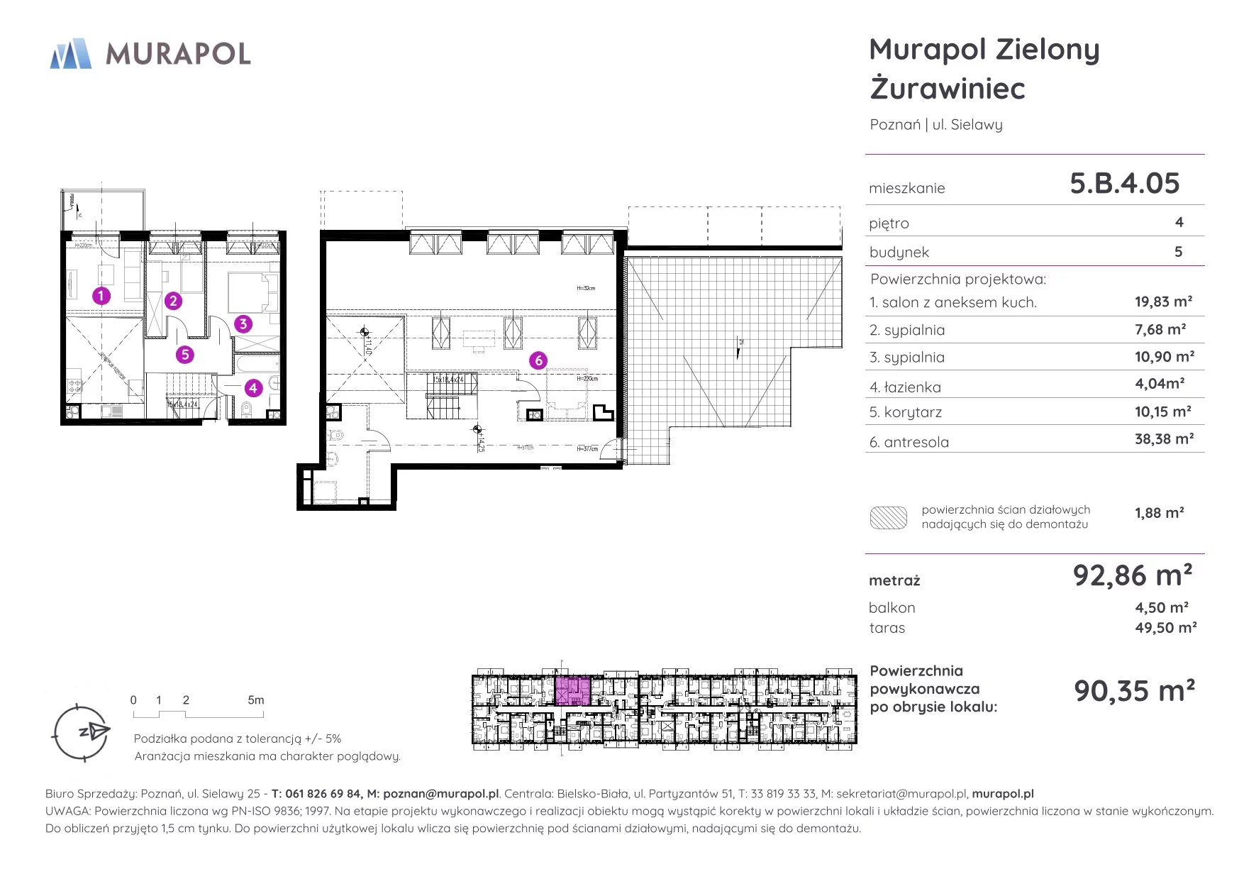 3 pokoje, mieszkanie 90,35 m², piętro 4, oferta nr 5.B.4.05, Murapol Zielony Żurawiniec - Gotowe mieszkania, Poznań, Naramowice, ul. Sielawy