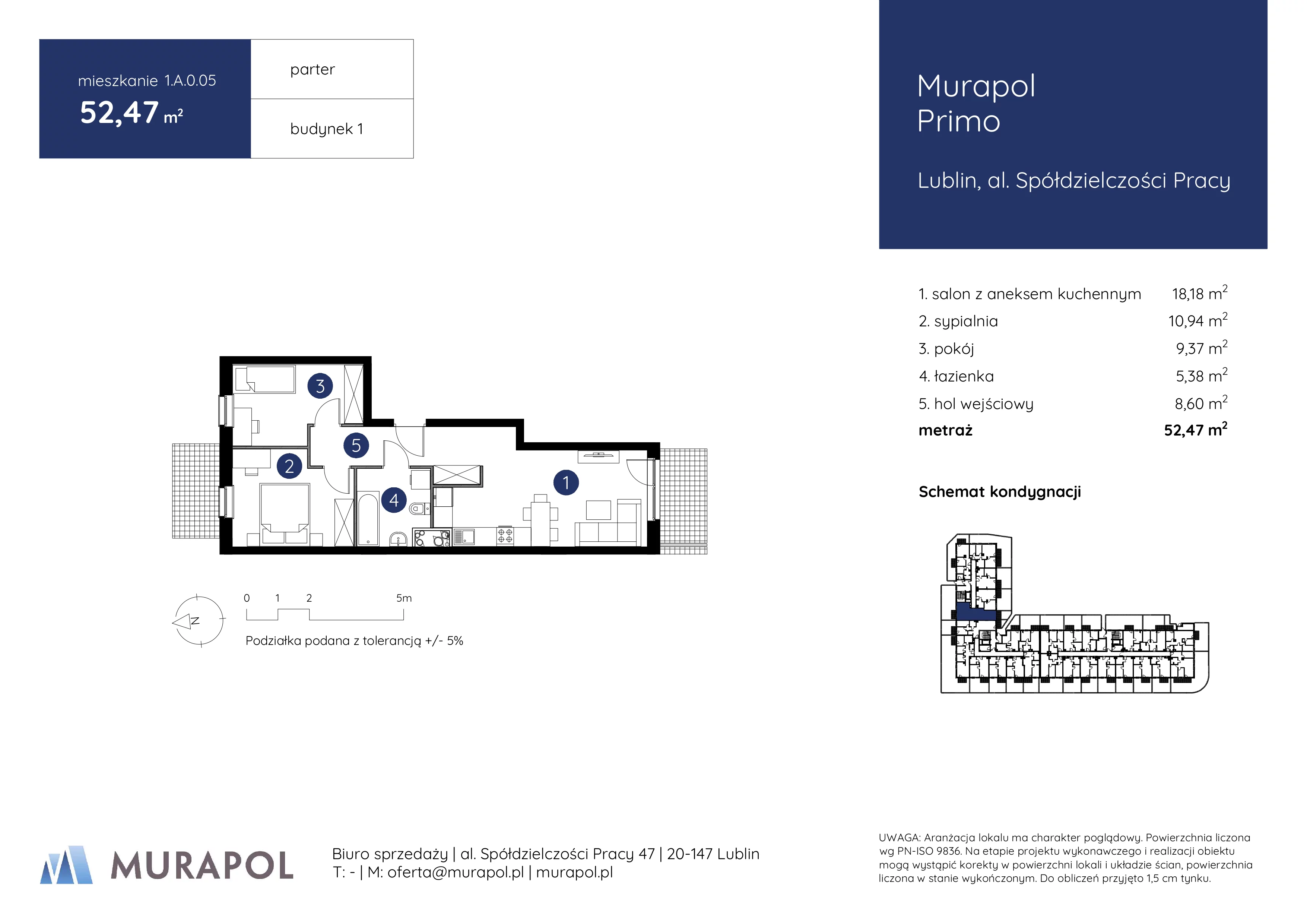 Mieszkanie 52,47 m², parter, oferta nr 1.A.0.05, Murapol Primo, Lublin, Ponikwoda, al. Spółdzielczości Pracy