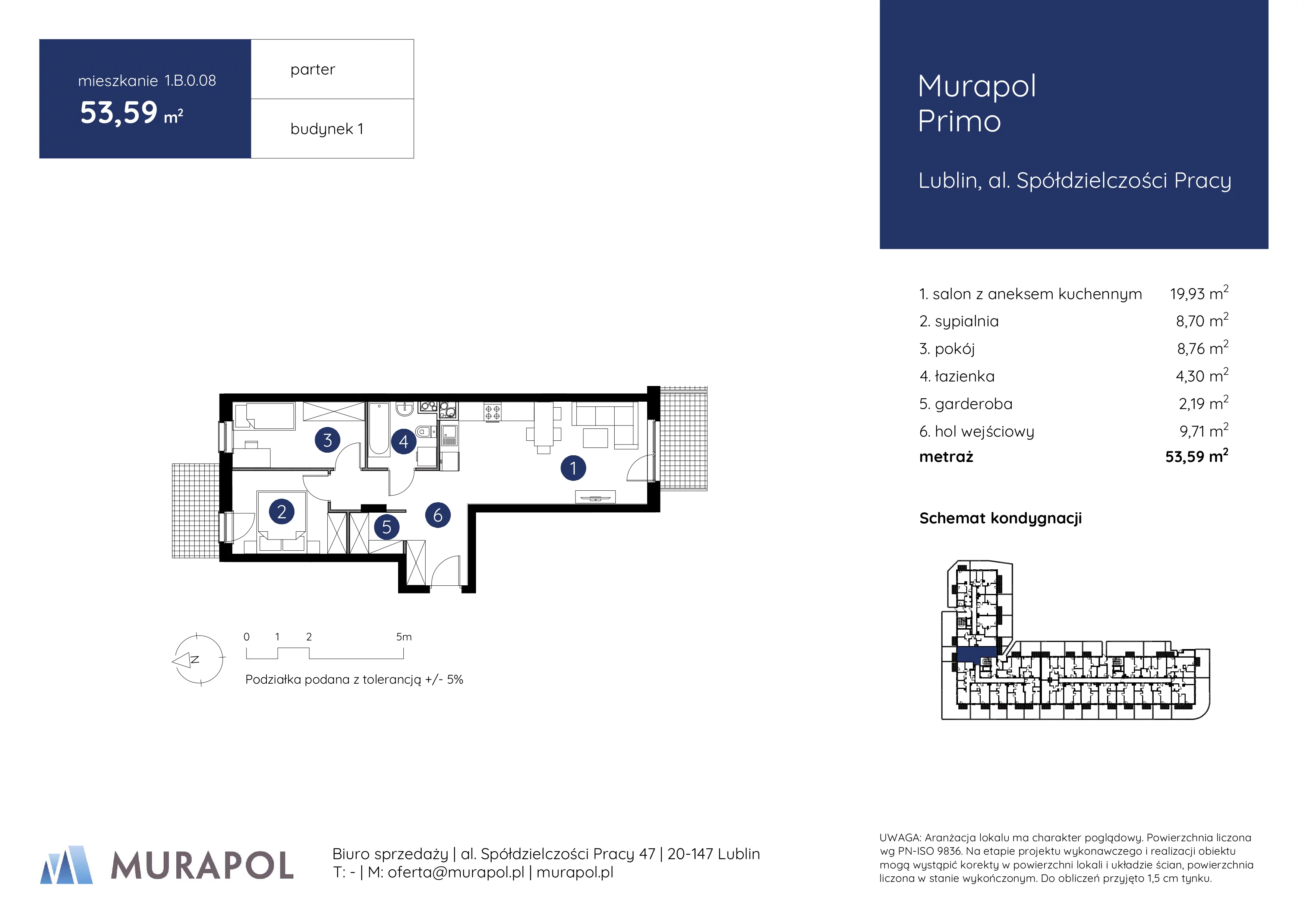 Mieszkanie 53,59 m², parter, oferta nr 1.B.0.08, Murapol Primo, Lublin, Ponikwoda, al. Spółdzielczości Pracy