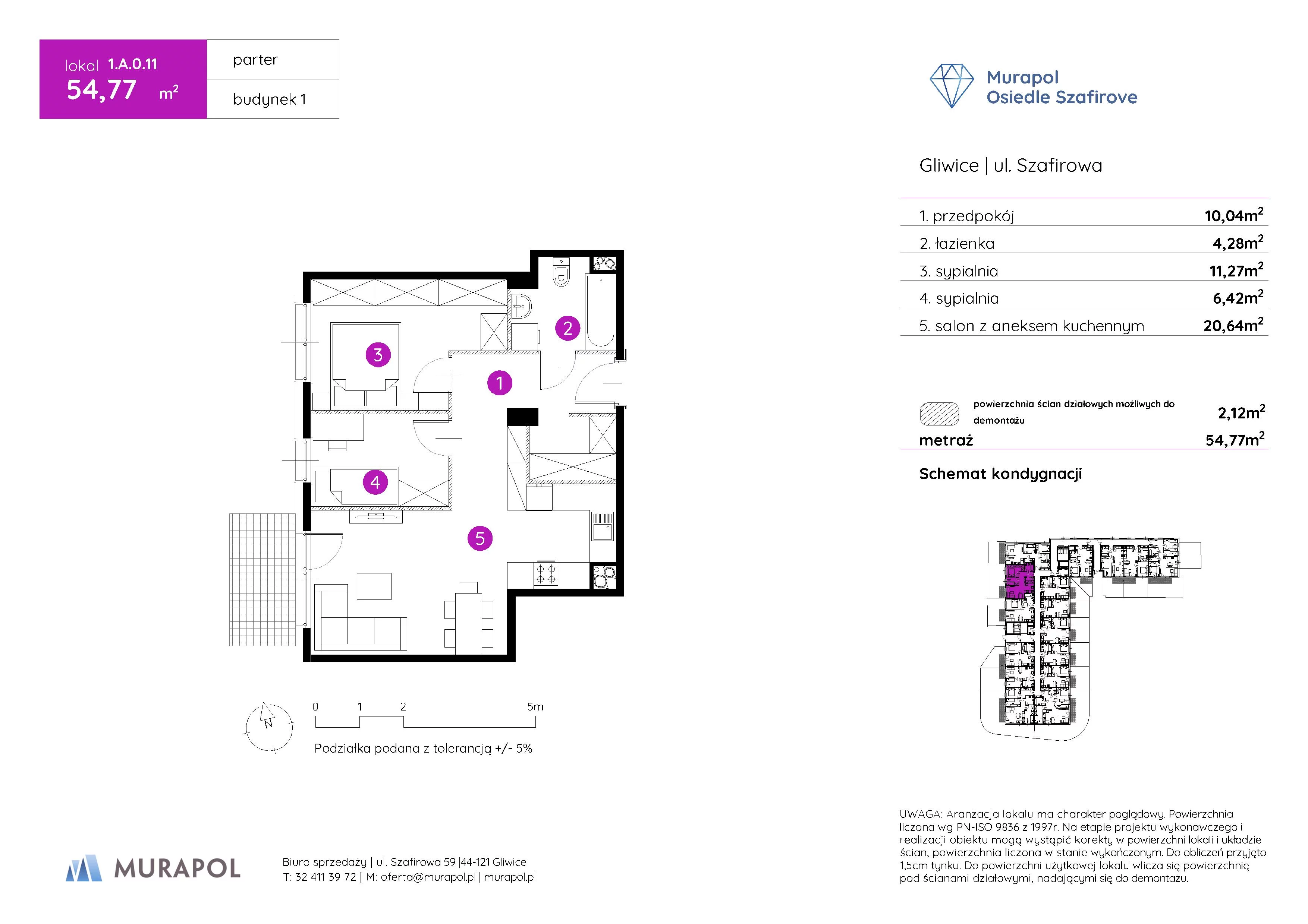 Mieszkanie 54,77 m², parter, oferta nr 1.A.0.11, Murapol Osiedle Szafirove, Gliwice, Stare Gliwice, ul. Szafirowa