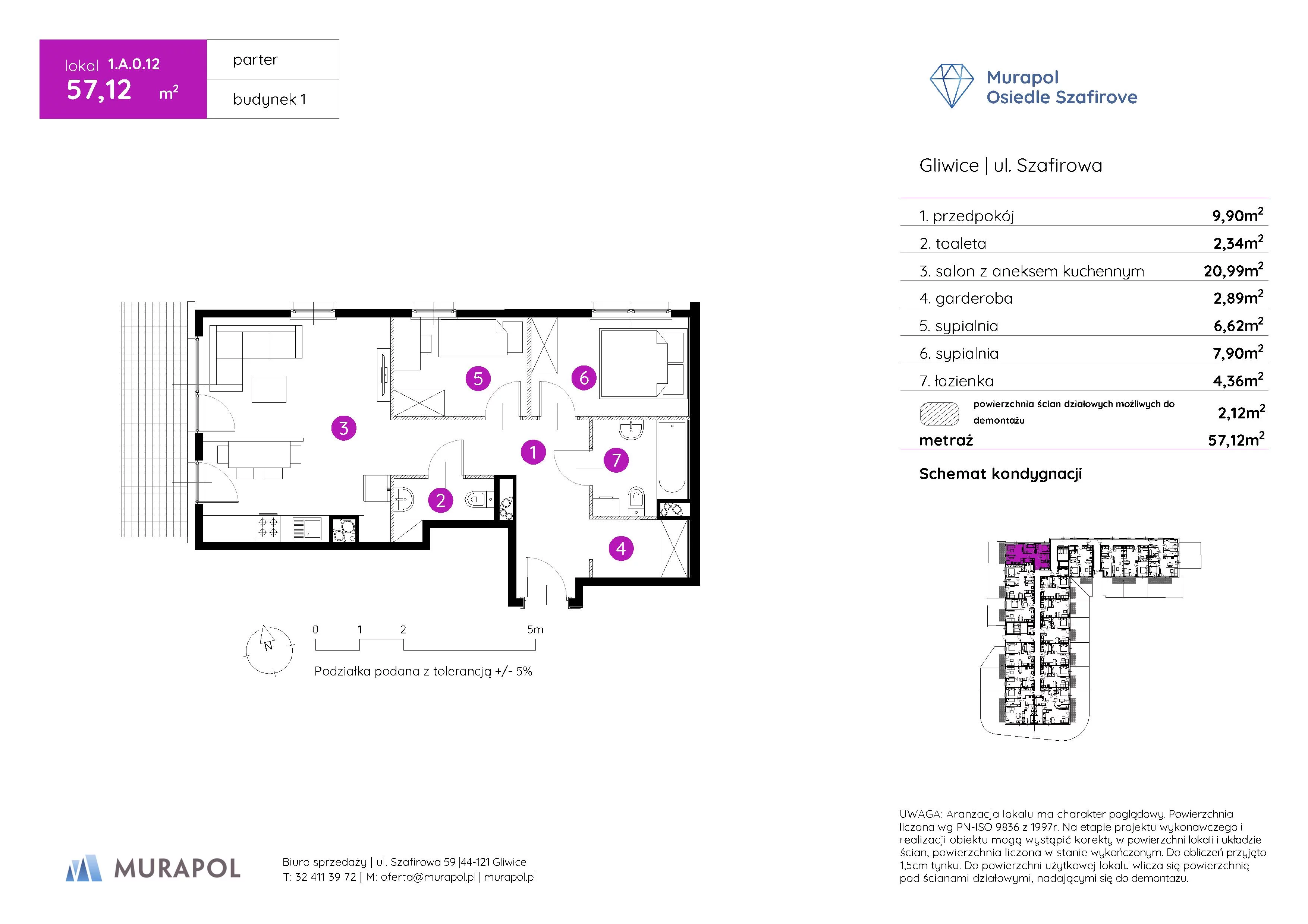 Mieszkanie 57,12 m², parter, oferta nr 1.A.0.12, Murapol Osiedle Szafirove, Gliwice, Stare Gliwice, ul. Szafirowa-idx