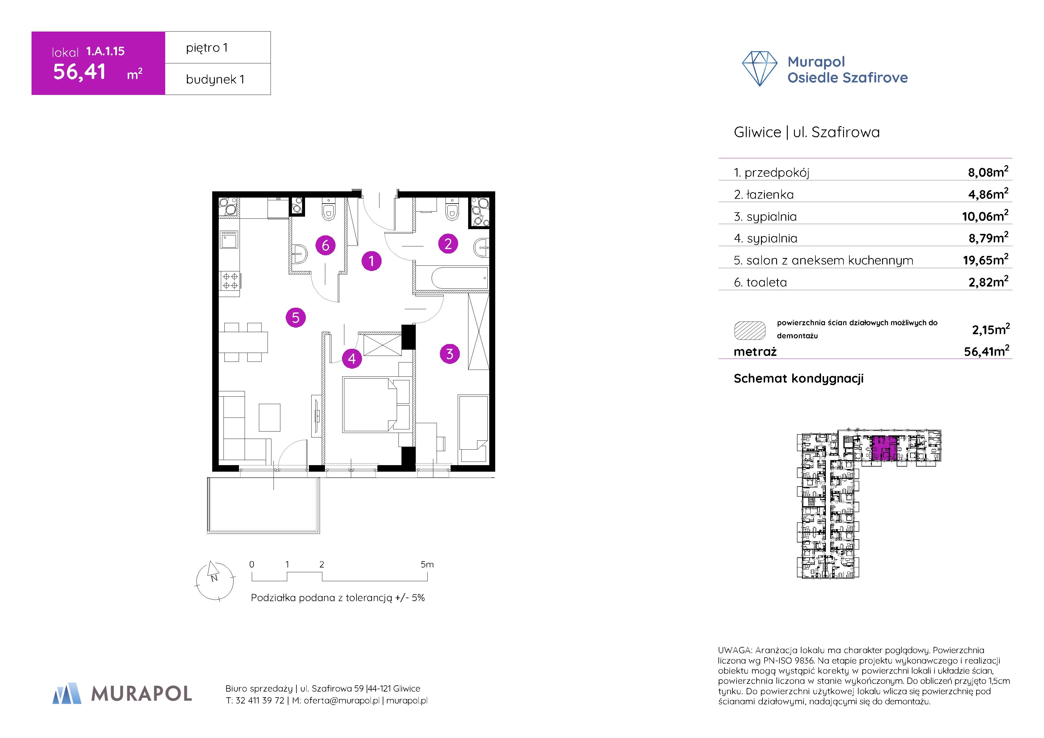 Mieszkanie 56,41 m², piętro 1, oferta nr 1.A.1.15, Murapol Osiedle Szafirove, Gliwice, Stare Gliwice, ul. Szafirowa