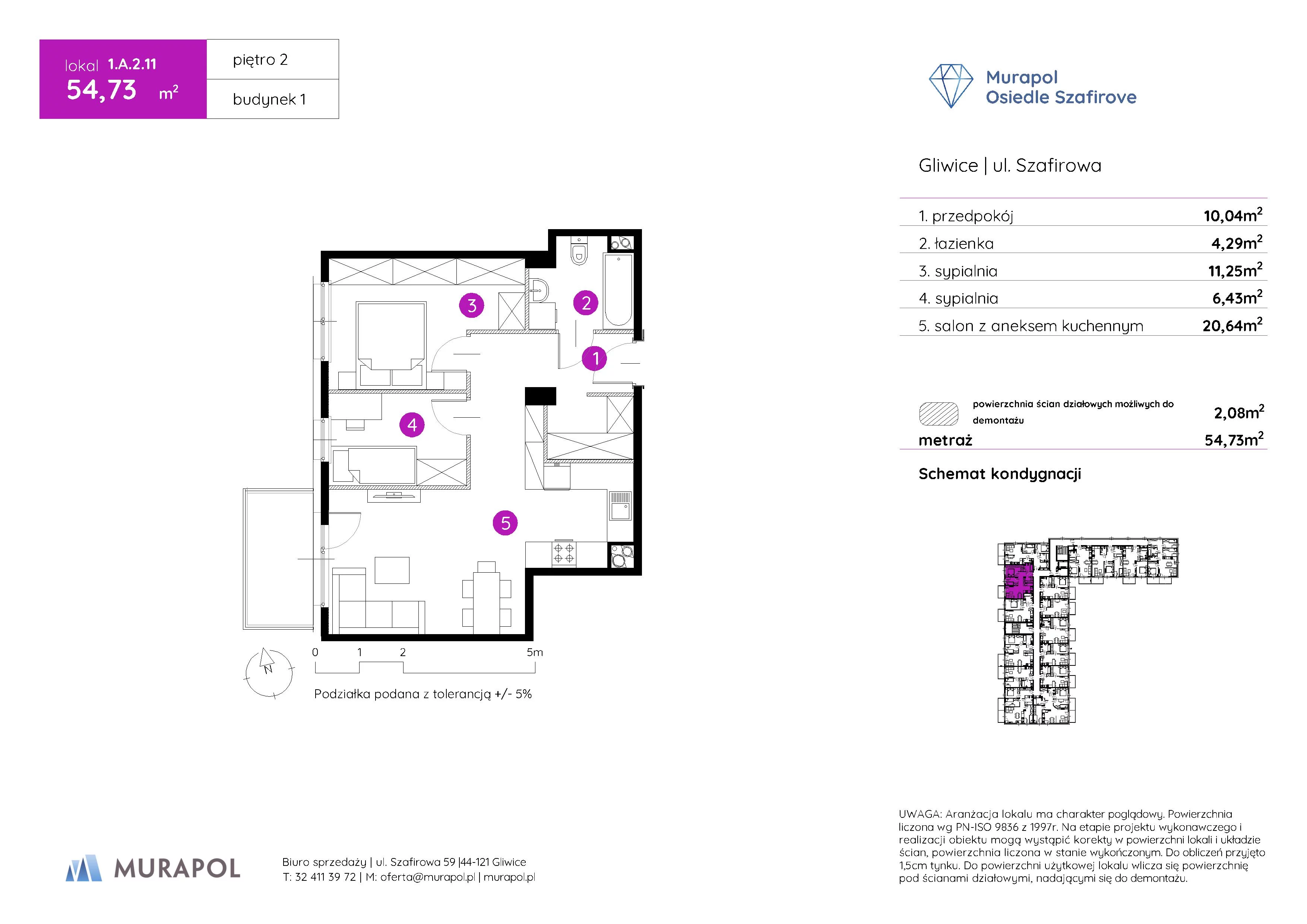 Mieszkanie 54,73 m², piętro 2, oferta nr 1.A.2.11, Murapol Osiedle Szafirove, Gliwice, Stare Gliwice, ul. Szafirowa