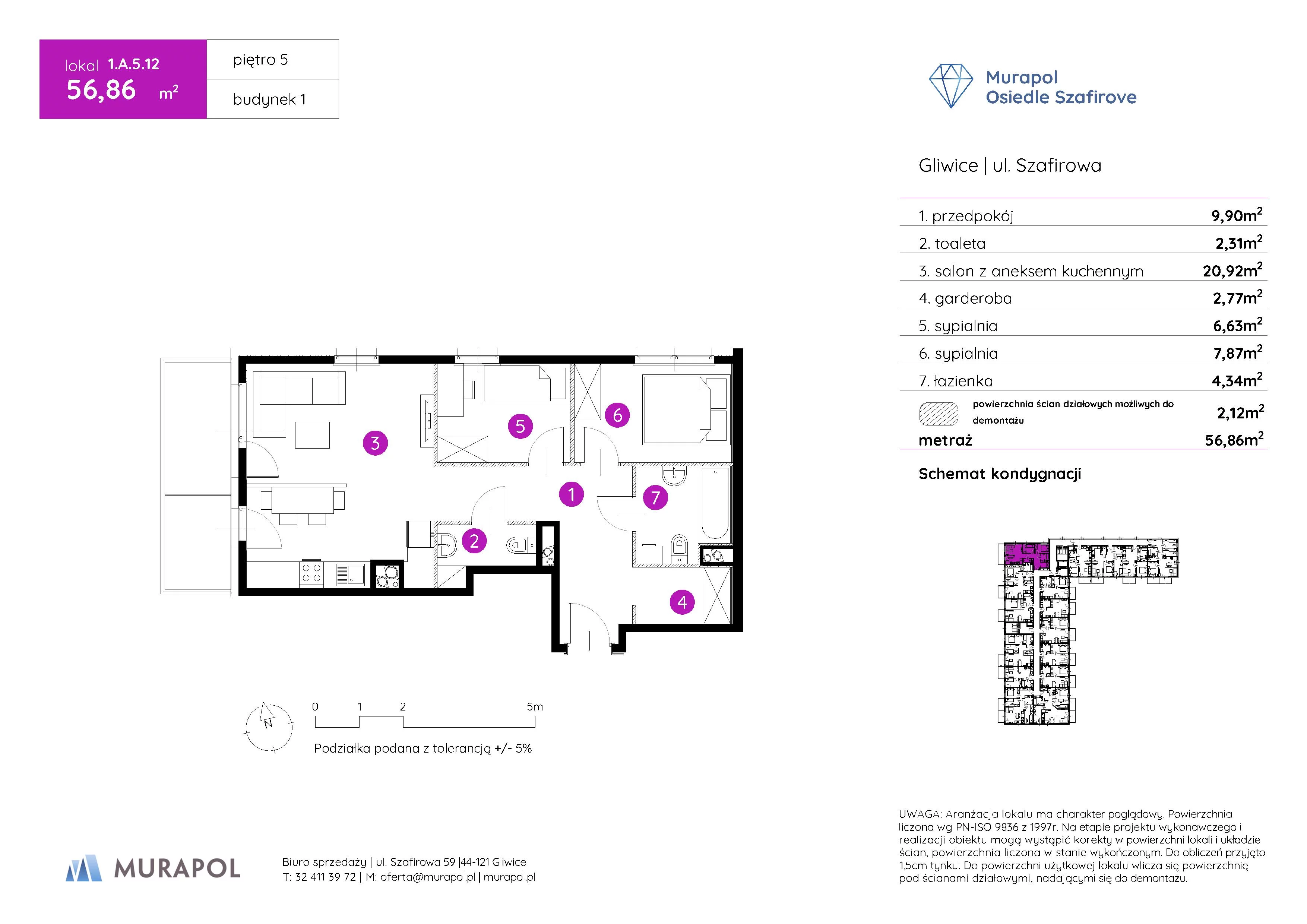 Mieszkanie 56,86 m², piętro 5, oferta nr 1.A.5.12, Murapol Osiedle Szafirove, Gliwice, Stare Gliwice, ul. Szafirowa