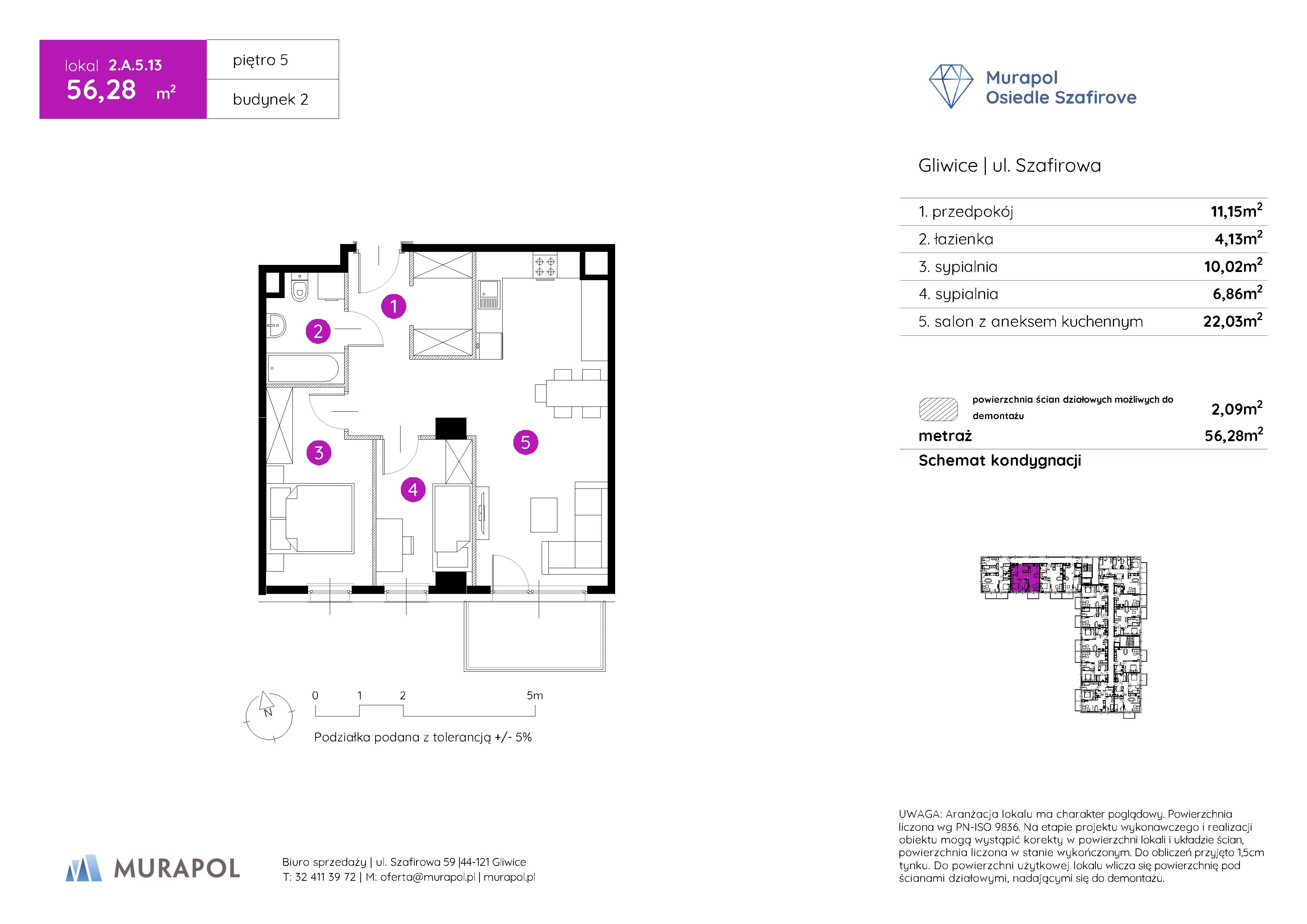 Mieszkanie 56,28 m², piętro 5, oferta nr 2.A.5.13, Murapol Osiedle Szafirove, Gliwice, Stare Gliwice, ul. Szafirowa