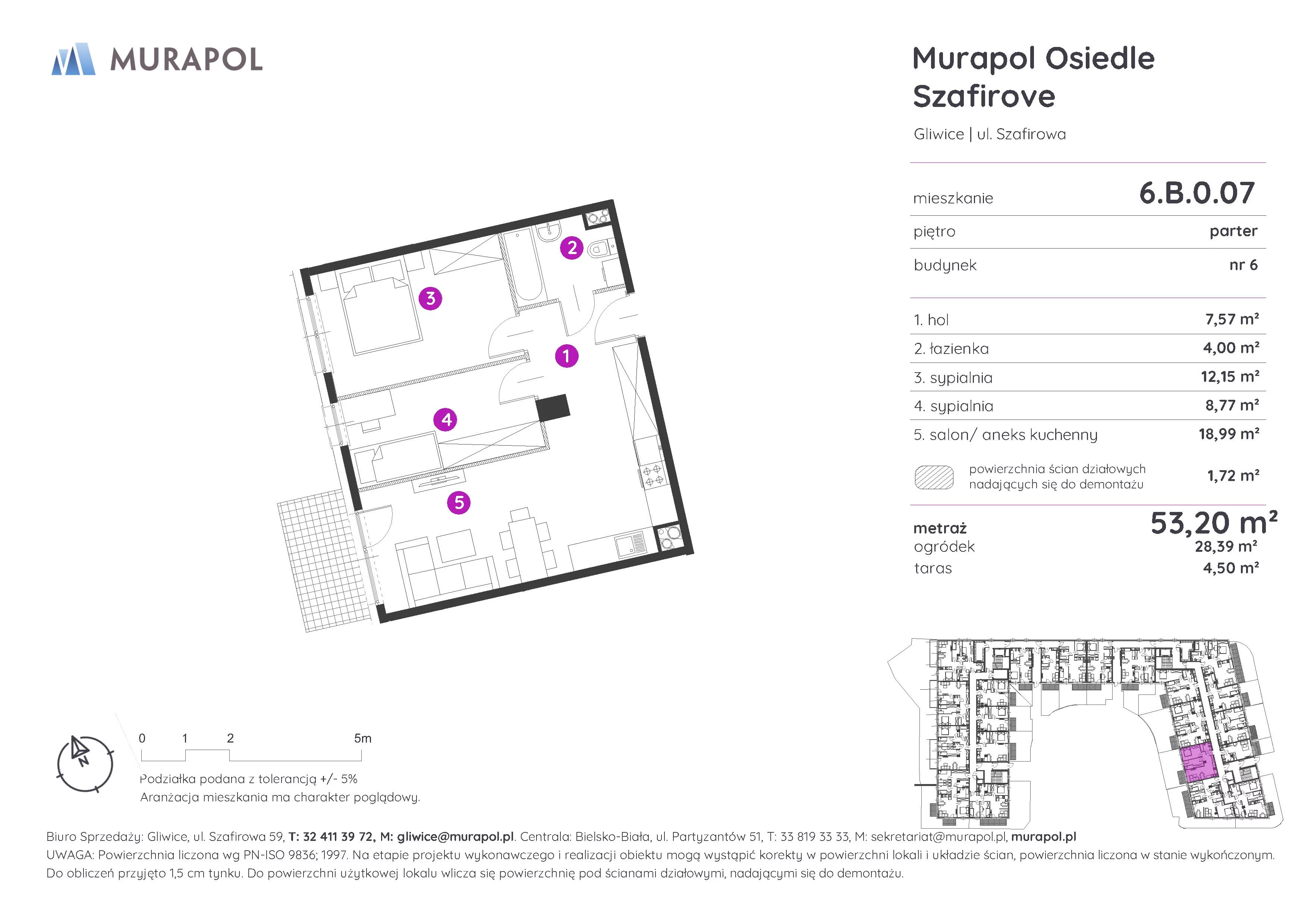 Mieszkanie 53,20 m², parter, oferta nr 6.B.0.07, Murapol Osiedle Szafirove, Gliwice, Stare Gliwice, ul. Szafirowa