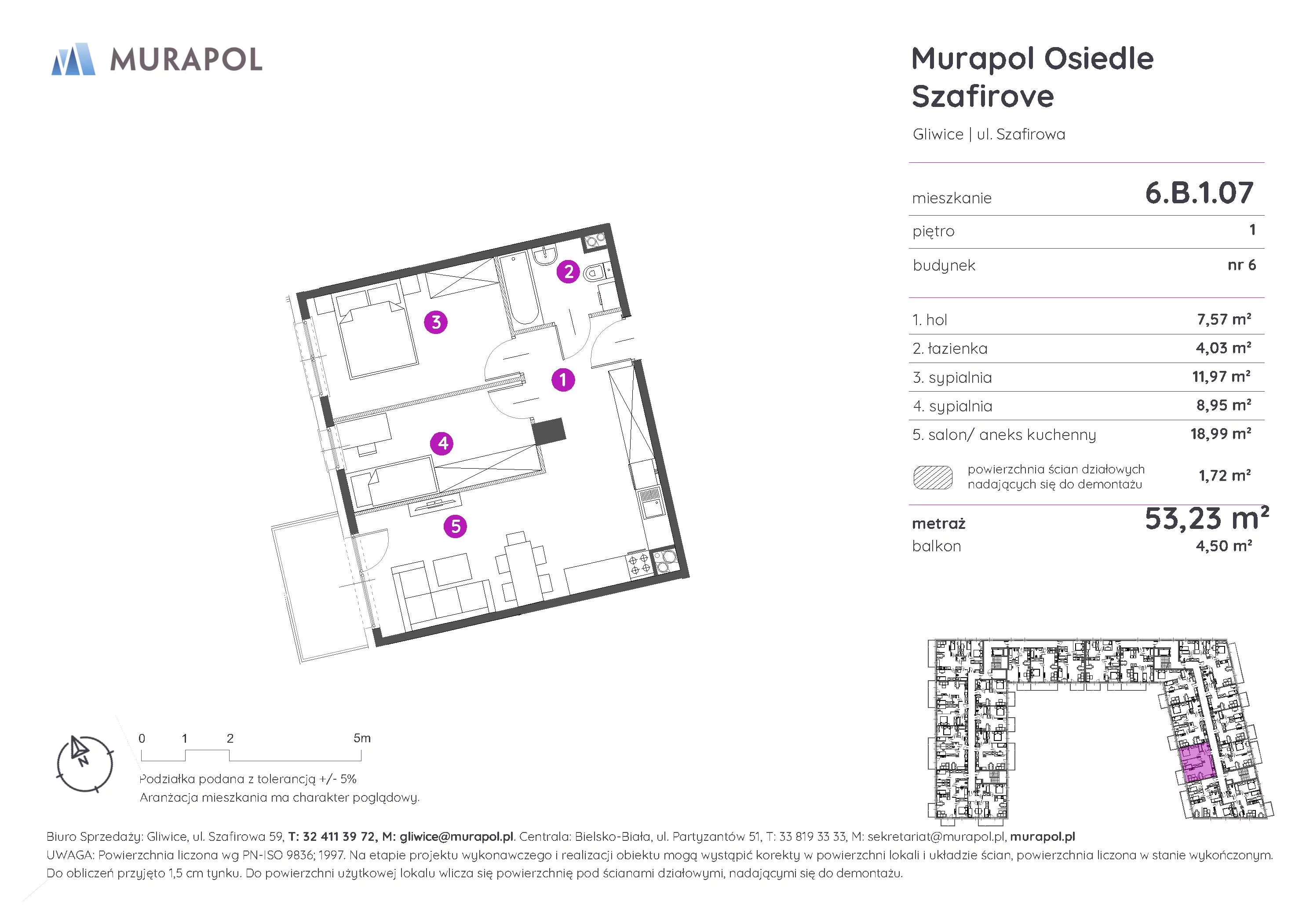 Mieszkanie 53,23 m², piętro 1, oferta nr 6.B.1.07, Murapol Osiedle Szafirove, Gliwice, Stare Gliwice, ul. Szafirowa