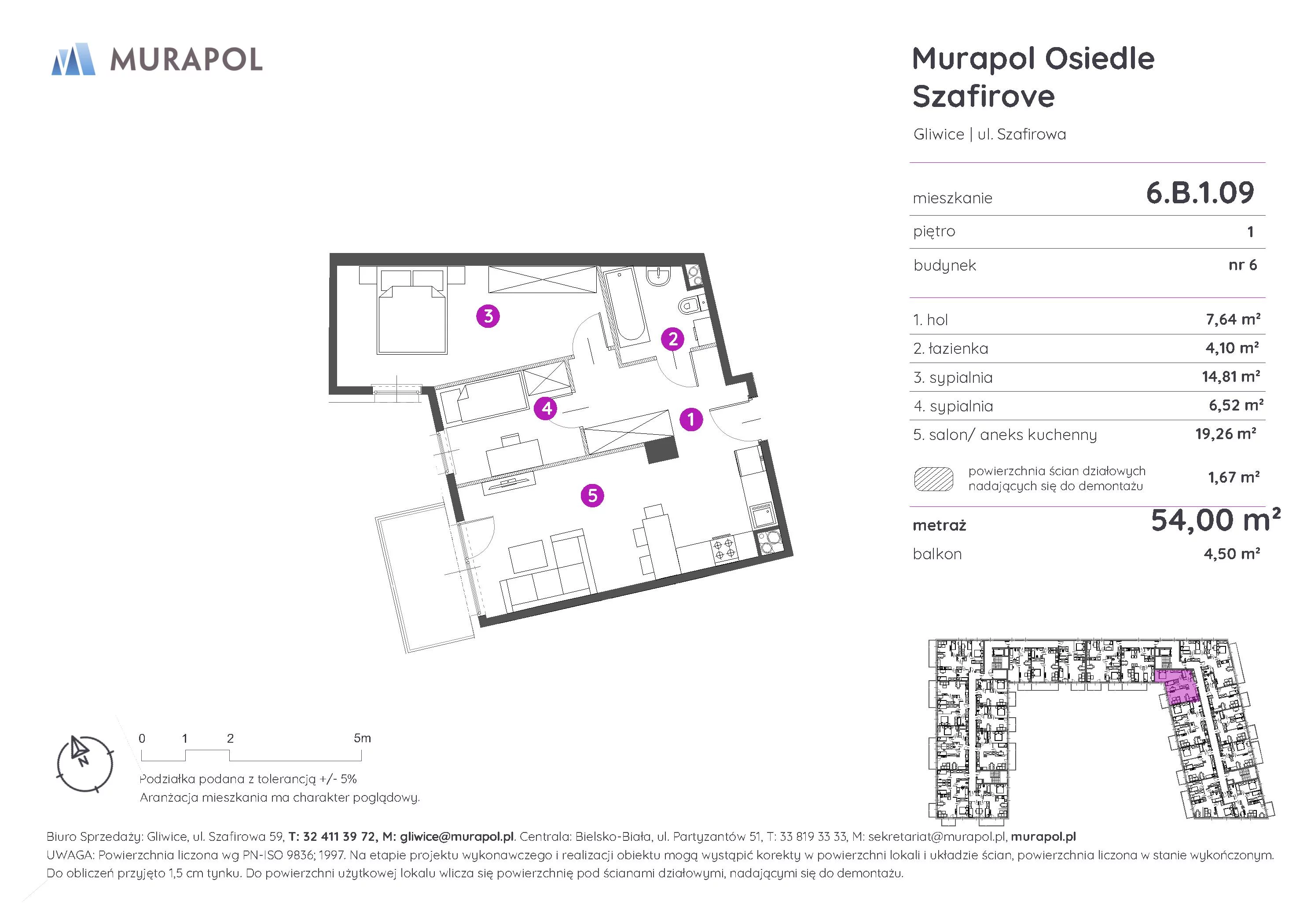 Mieszkanie 54,00 m², piętro 1, oferta nr 6.B.1.09, Murapol Osiedle Szafirove, Gliwice, Stare Gliwice, ul. Szafirowa