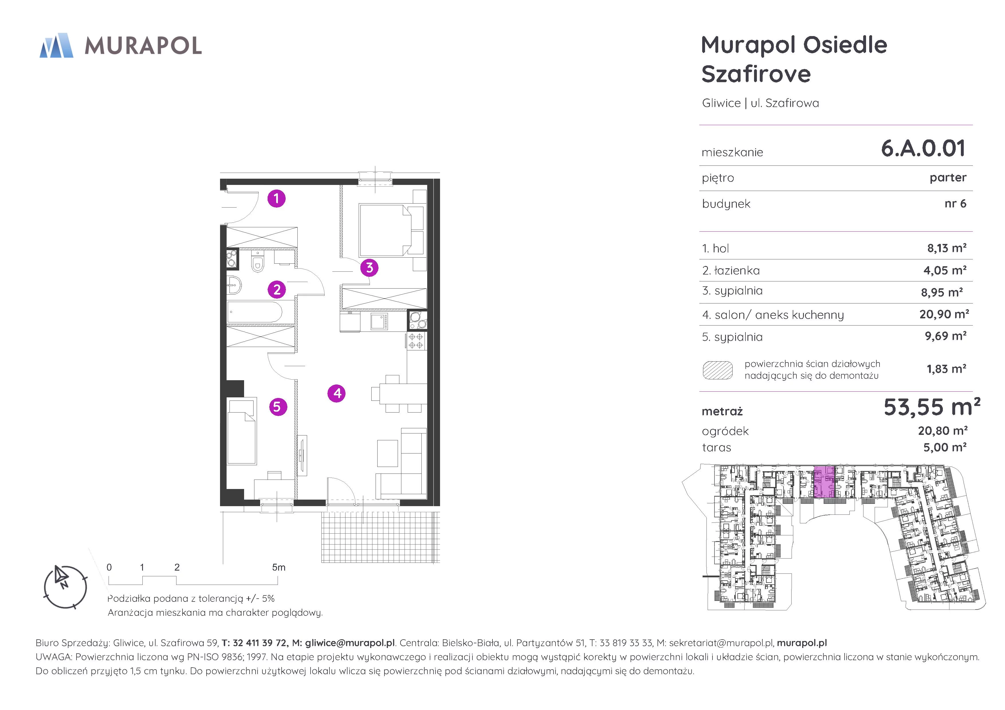 3 pokoje, mieszkanie 53,55 m², parter, oferta nr 6.A.0.01, Murapol Osiedle Szafirove, Gliwice, Stare Gliwice, ul. Szafirowa