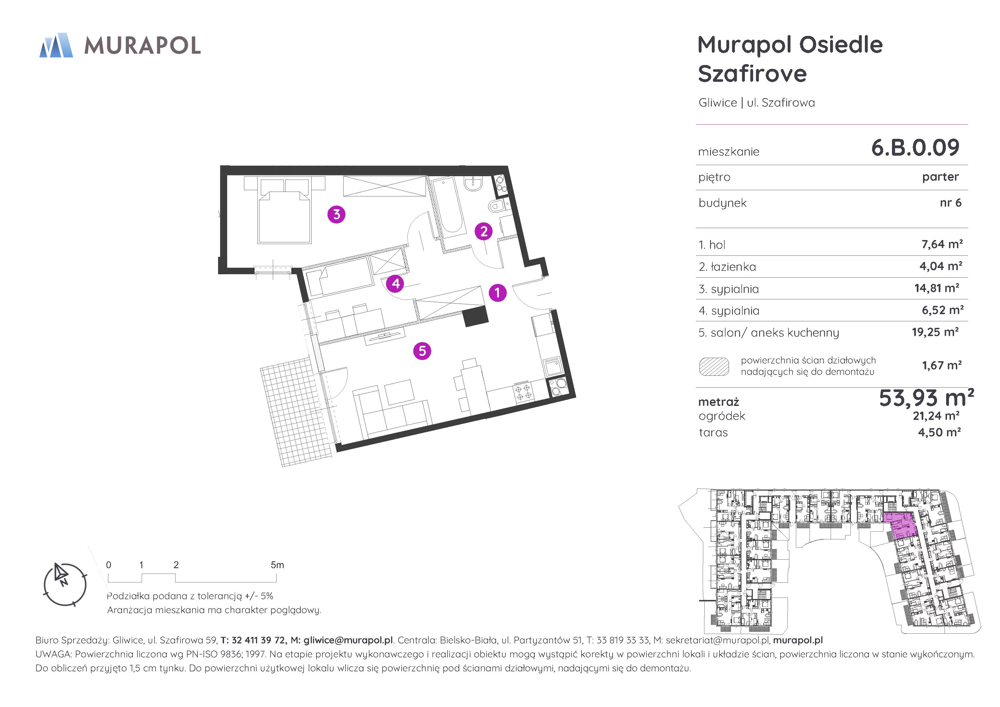 3 pokoje, mieszkanie 53,93 m², parter, oferta nr 6.B.0.09, Murapol Osiedle Szafirove, Gliwice, Stare Gliwice, ul. Szafirowa